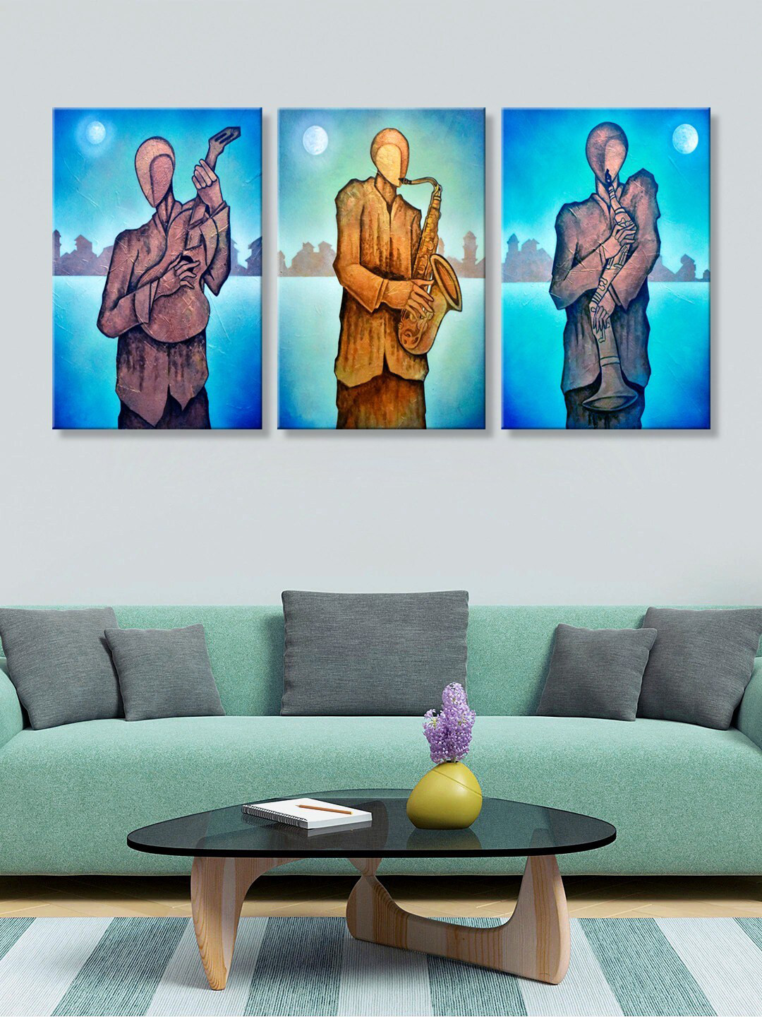 999Store Set Of 3 Blue & Brown Instrumental Panels Canvas Wall Painting