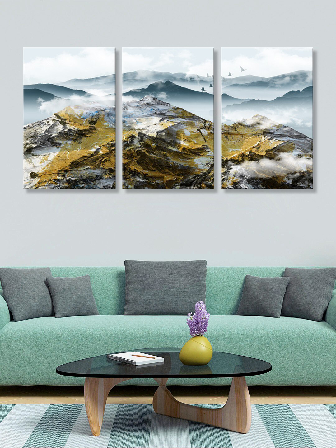 999Store Set Of 3 Grey & Brown Mountain View Art Panel Canvas Wall Painting