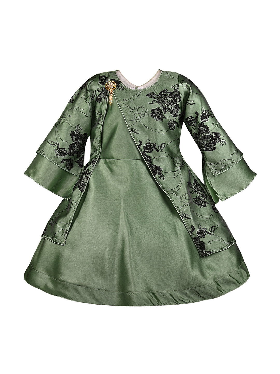 Wish Karo Girls Green Printed Layered Fit and Flare Dress