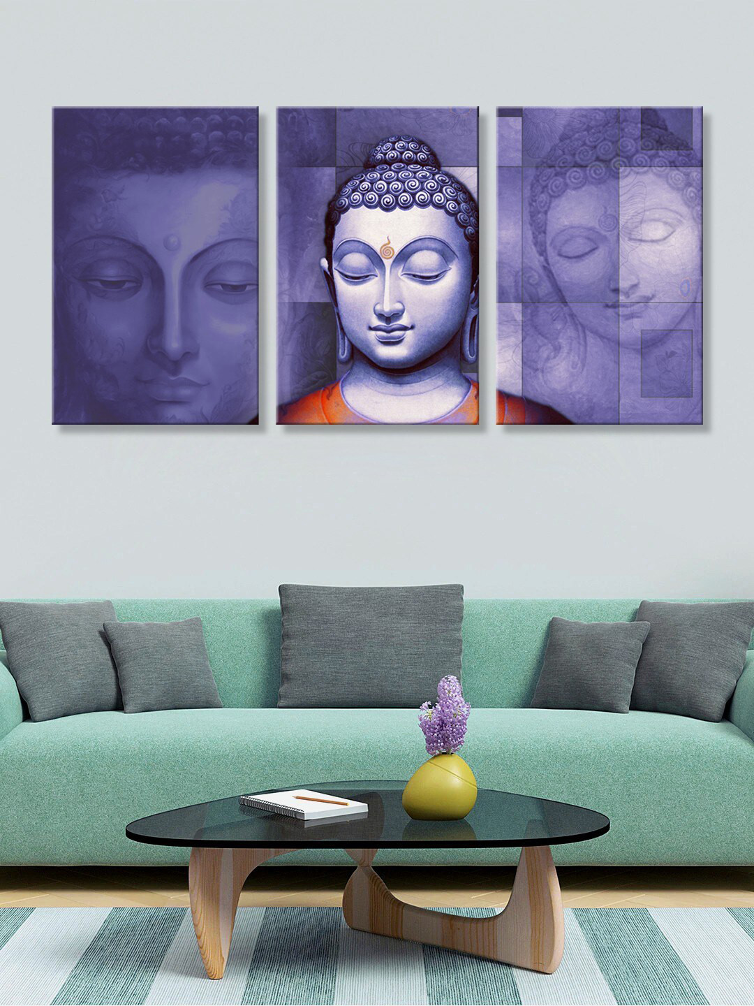 999Store Set Of 3 Blue & Brown Buddha Face Canvas Wall Art