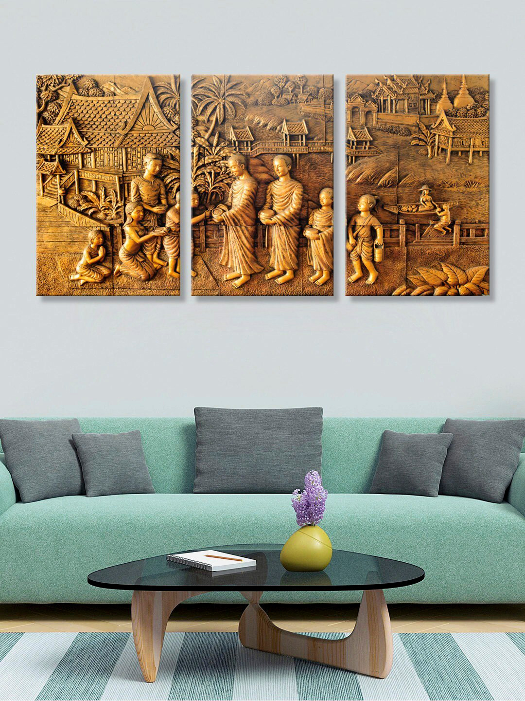 999Store Mural Village Canvas 3 Piece Wall Rectangle Paintings Wall Art - 30 x 18 In
