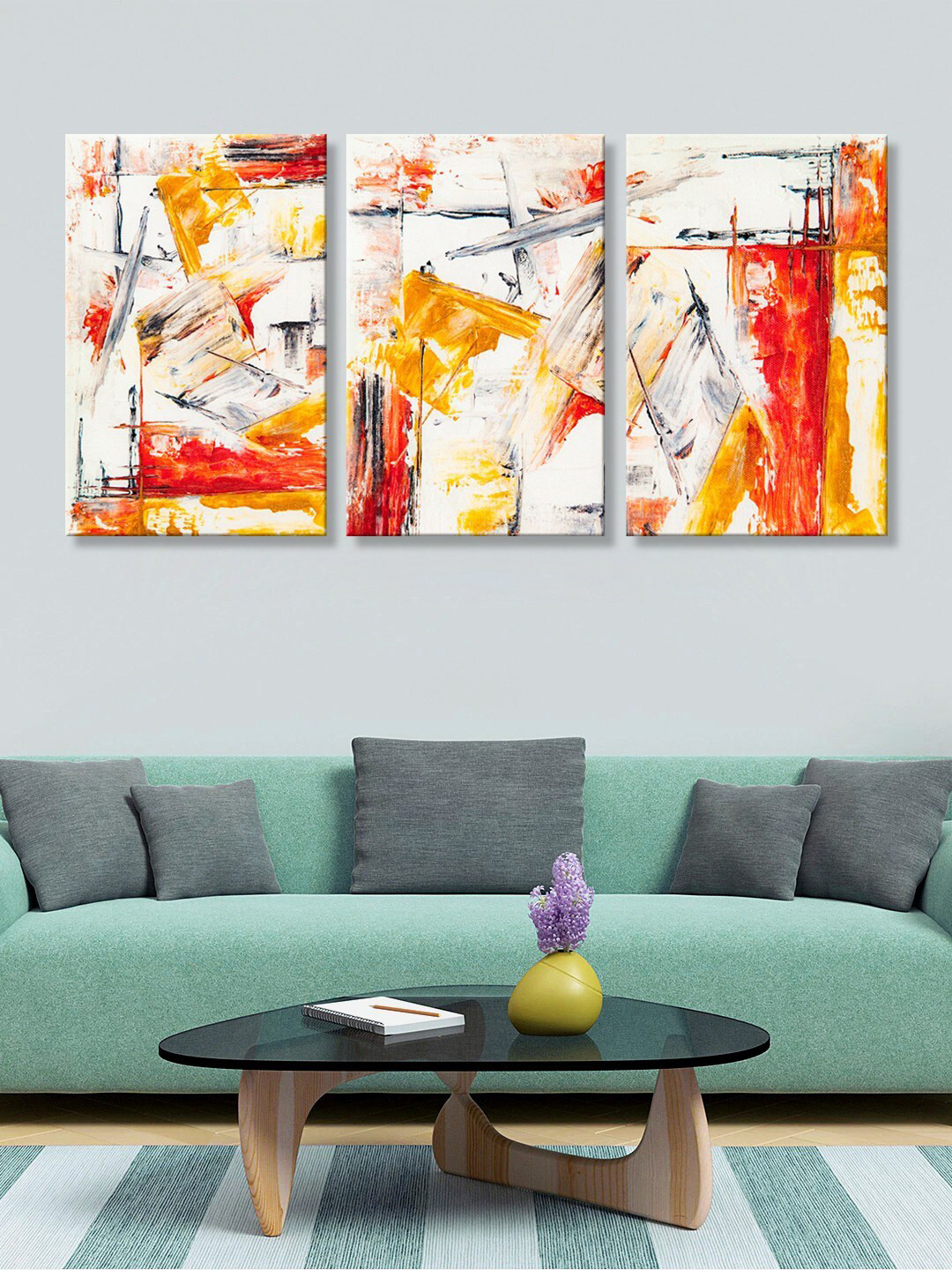 999Store Set of 3 Orange & Grey Abstract HD Canvas Wall Paintings