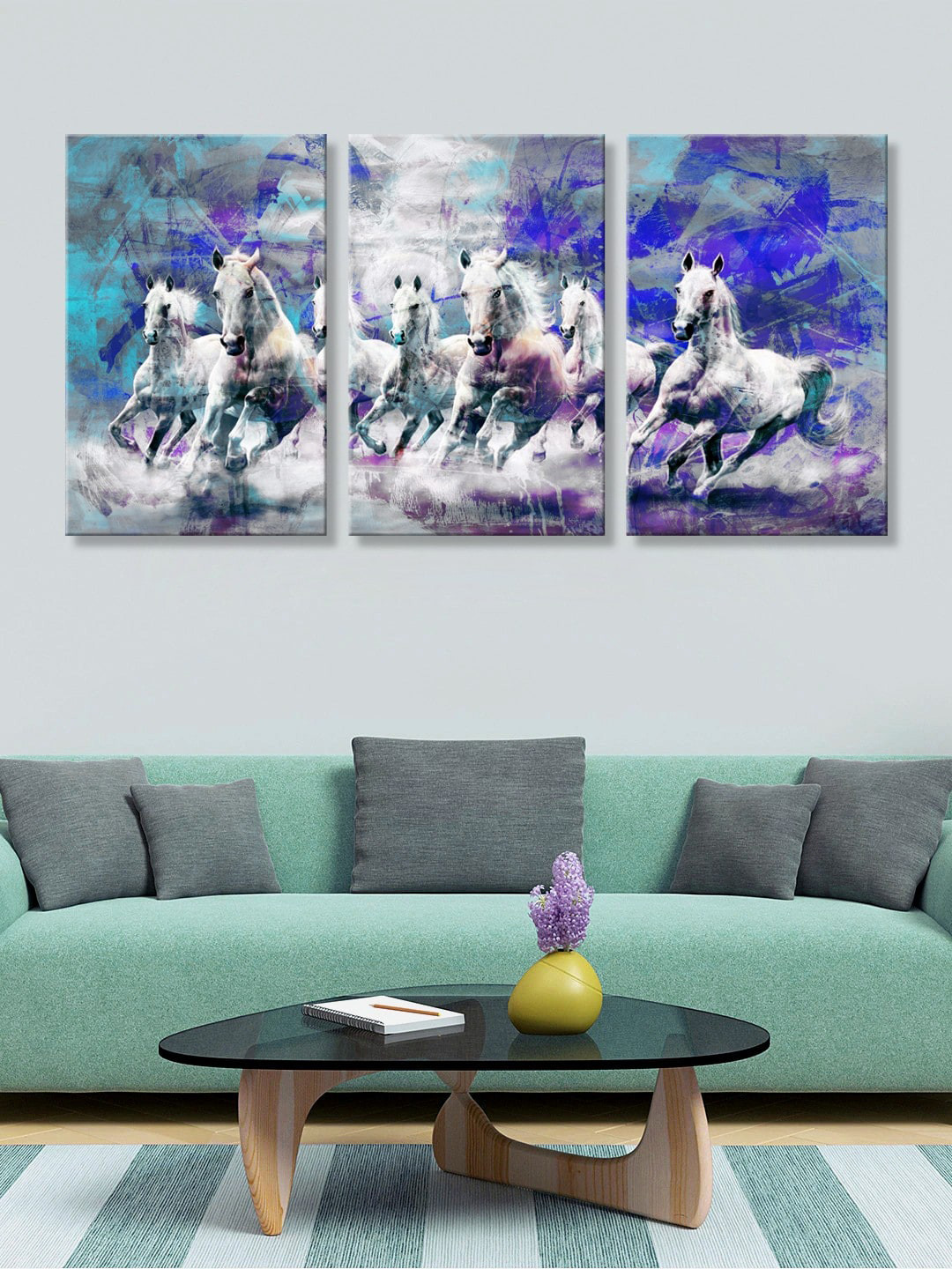 999Store Set of 3 Multicoloured Horses Canvas Painting Wall Art