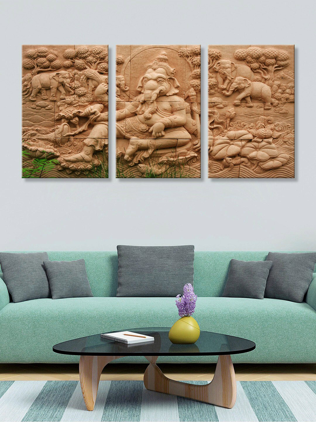 999Store Set of 3 Brown Lord Ganesha Artefact Canvas Wall Art Paintings