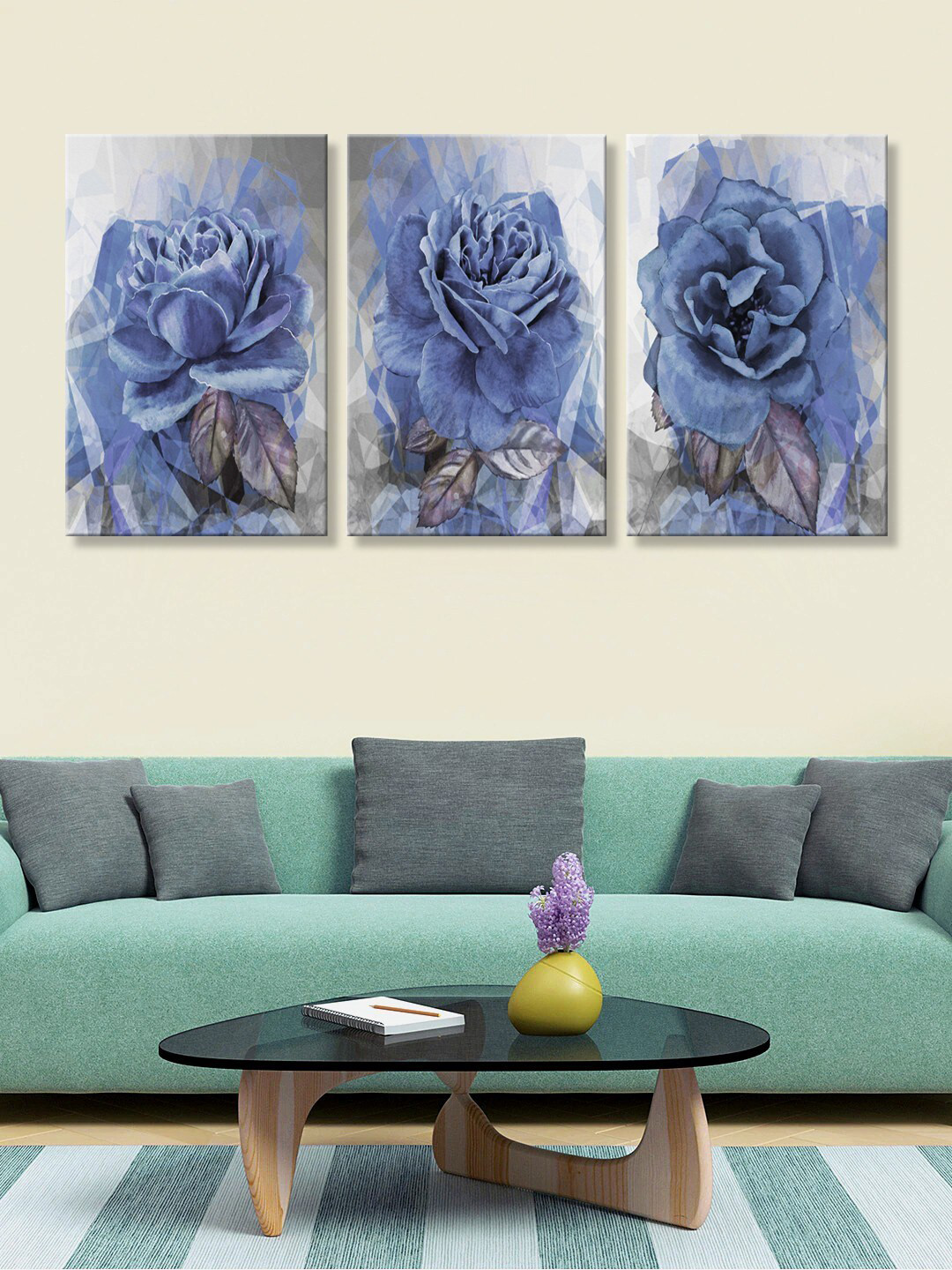 999Store Set of 3 Blue & Grey Roses HD Canvas Wall Paintings