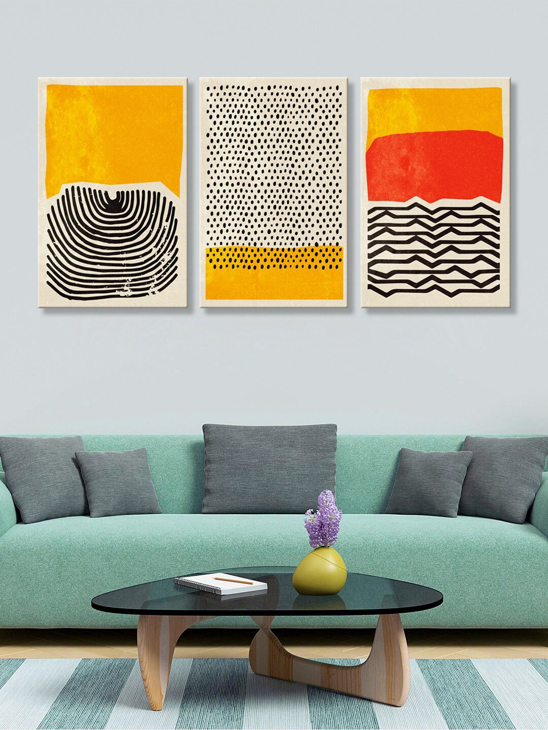 999Store Set of 3 Yellow & Black Abstract Canvas Wall Art Paintings