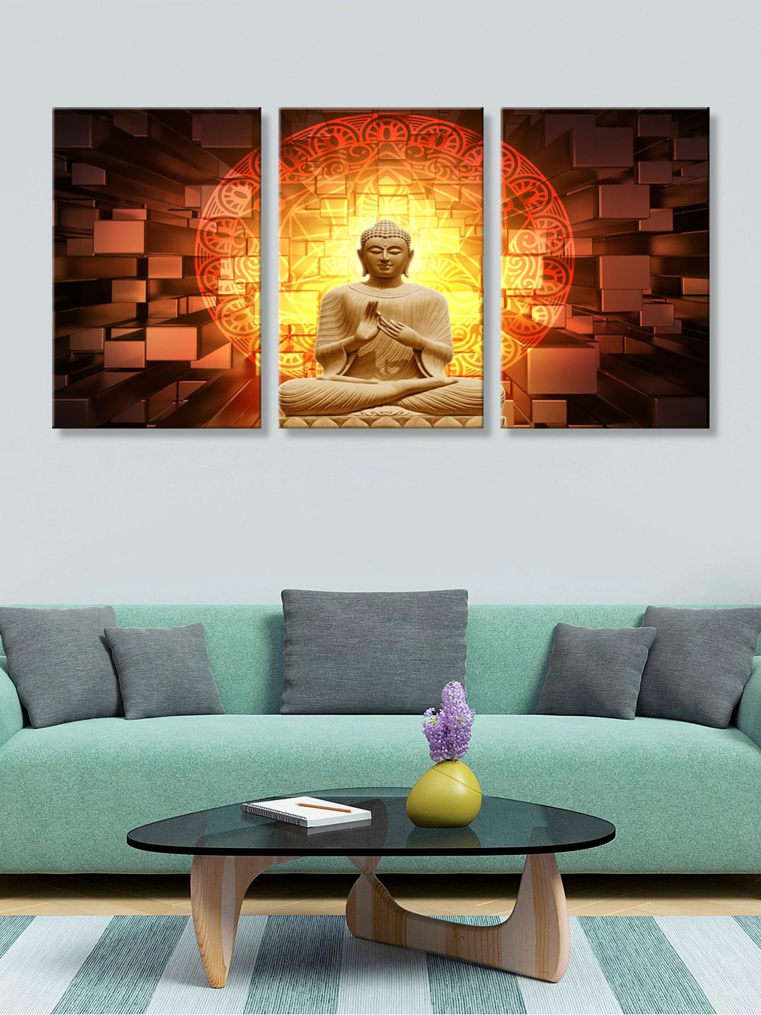 999Store Set of 3 Brown & Orange Lord Buddha Canvas Painting Wall Art