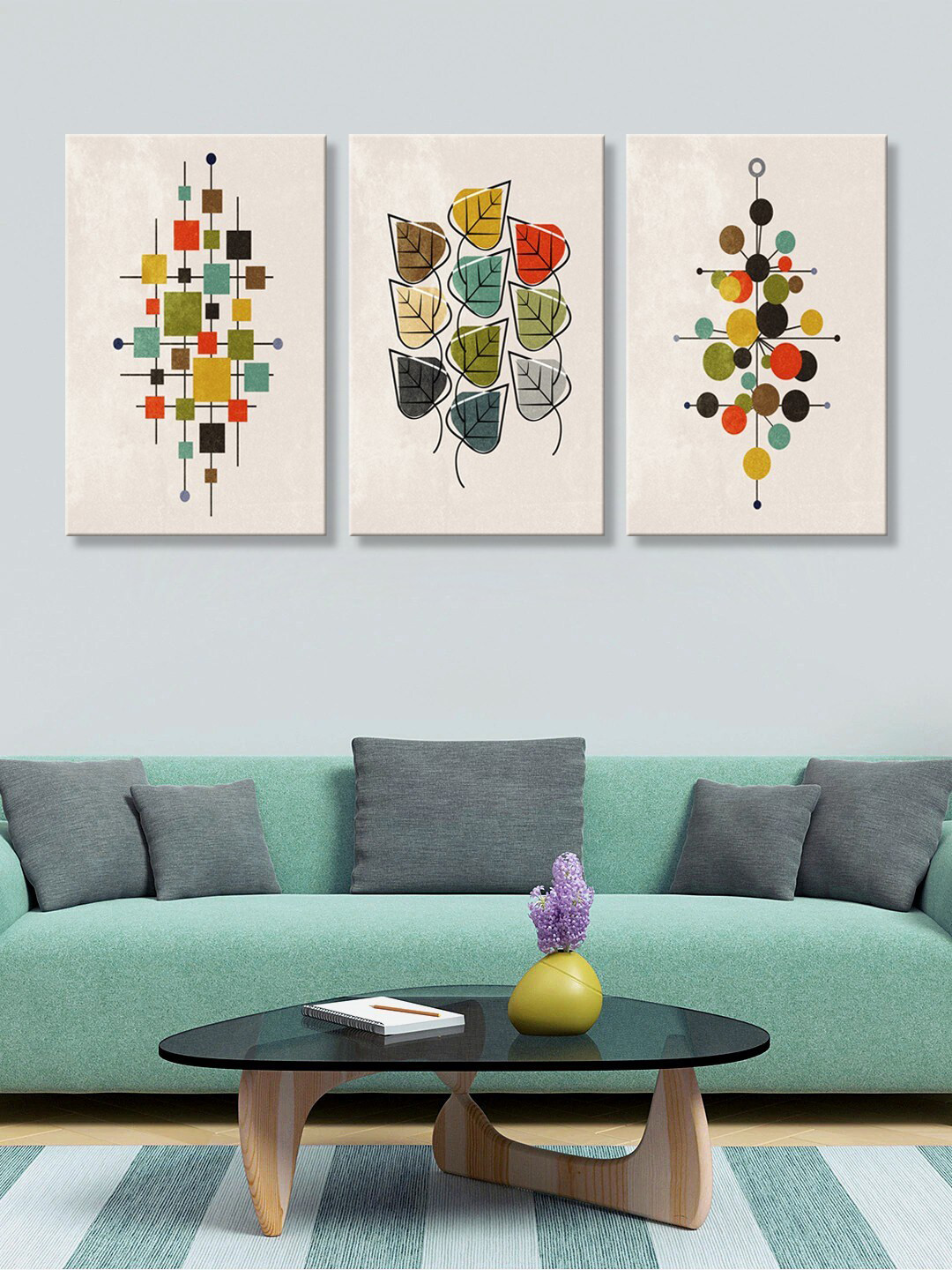 999Store Set of 3 Multicoloured Abstract Contemporary Canvas Painting Wall Art