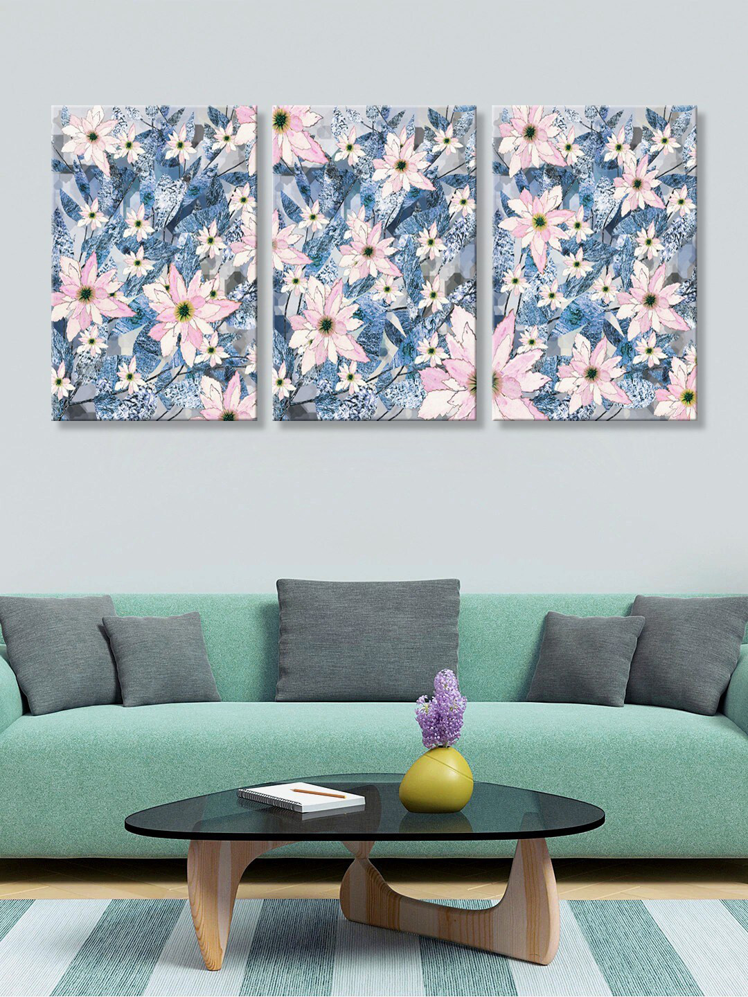 999Store Set of 3 Blue & Pink Daisy Flowers Canvas Painting Wall Art