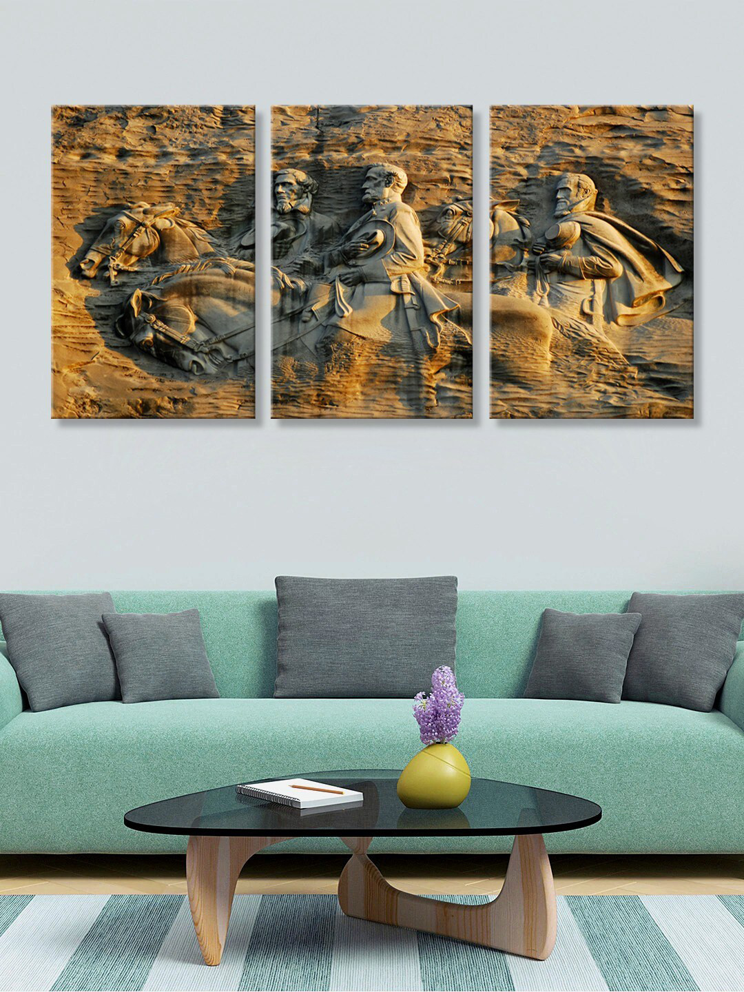 999Store Set Of 3 Brown Printed Stone Horse Murals Canvas Wall Painting