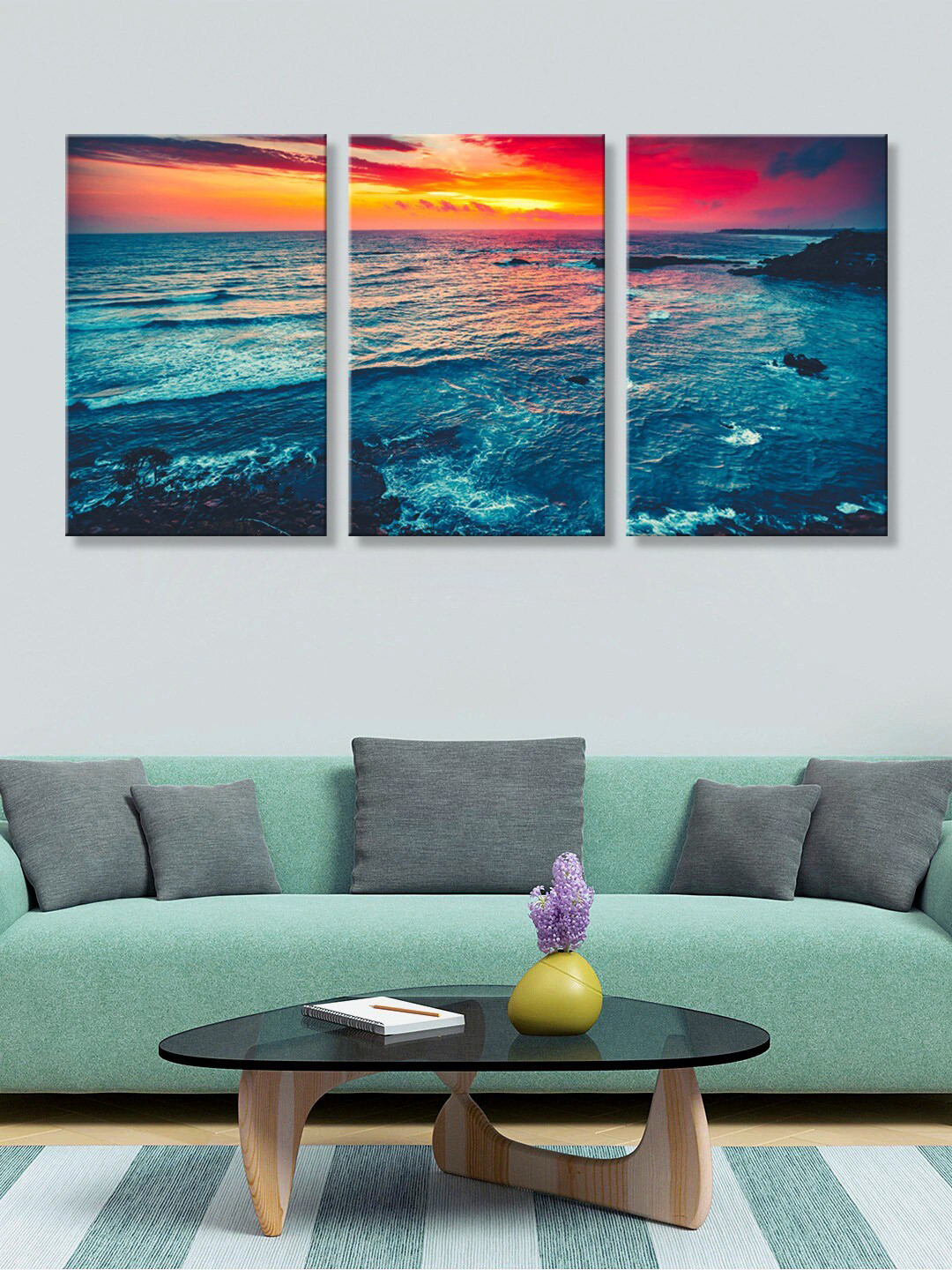 999Store Sky & Water Canvas 3 Piece Wall Rectangle Photographs Wall Art - 30 x 18 In