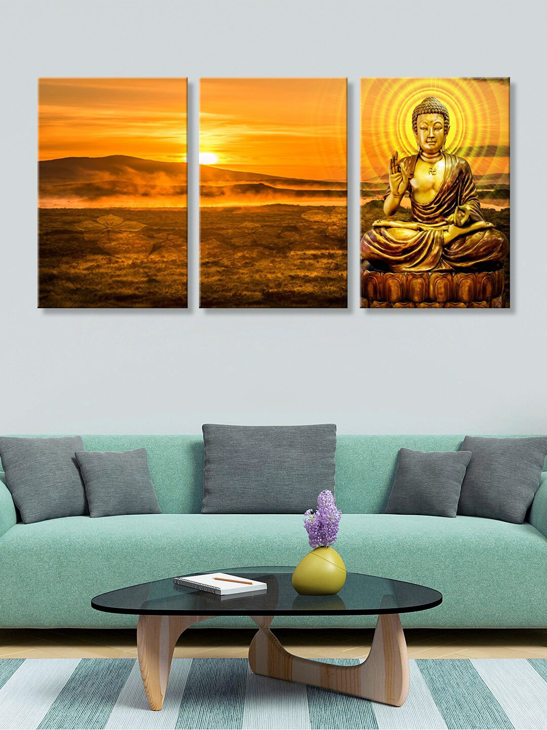 999Store Lord Buddha Canvas 3 Pcs Wall Living Room Rectangle Paintings Wall Art -30 x 18In