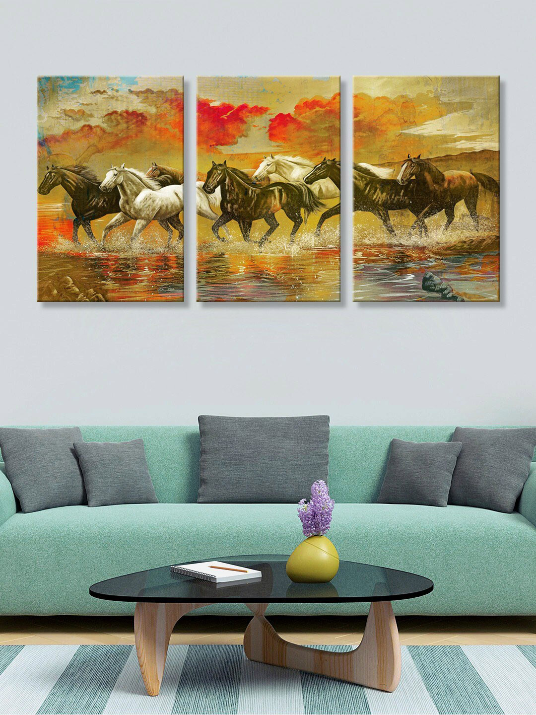 999Store Horses Backgur Wood 3 Piece Wall Rectangle Paintings Wall Art - 30 x 18In