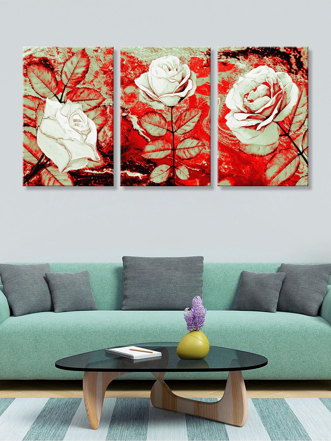 999Store 3 Piece White & Red Rose Printed Rectangle Paintings Wall Art-11.8 x 53.9In