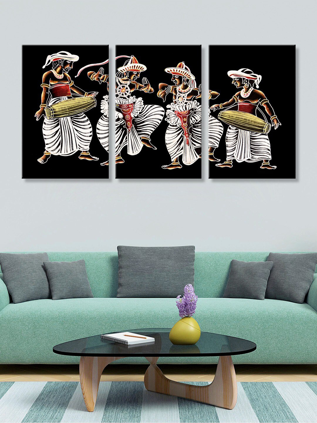 999Store Set Of 3 Black & White Sri Lankan Traditional Perahera Canvas Wall Painting