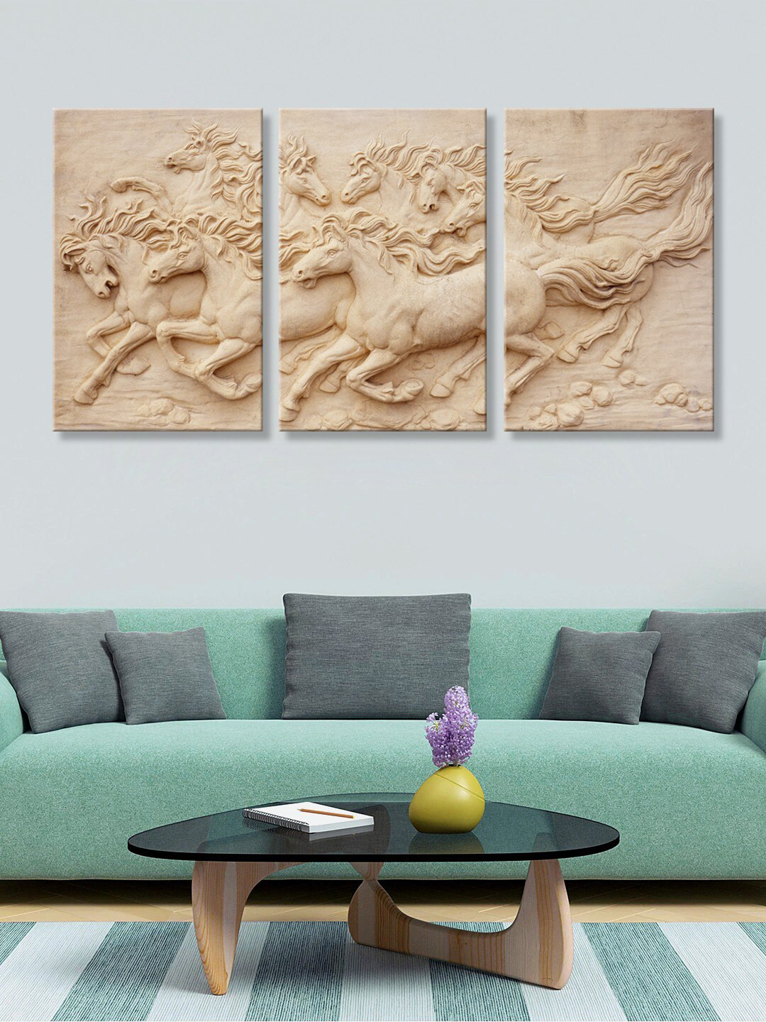 999Store Set Of 3 Brown Horse Canvas Wall Painting