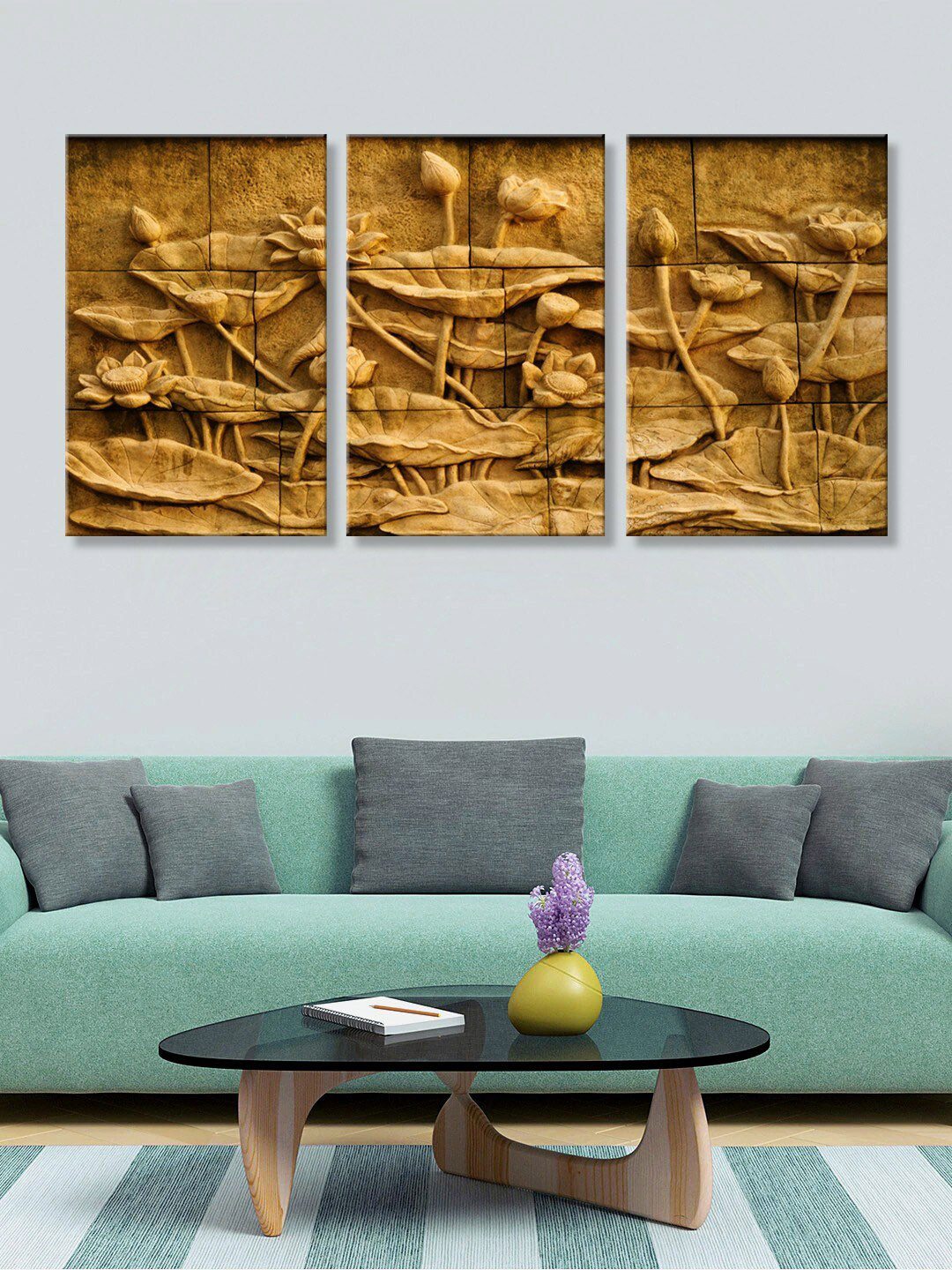 999Store Set Of 3 Brown Lotus Flower Canvas Wall Painting