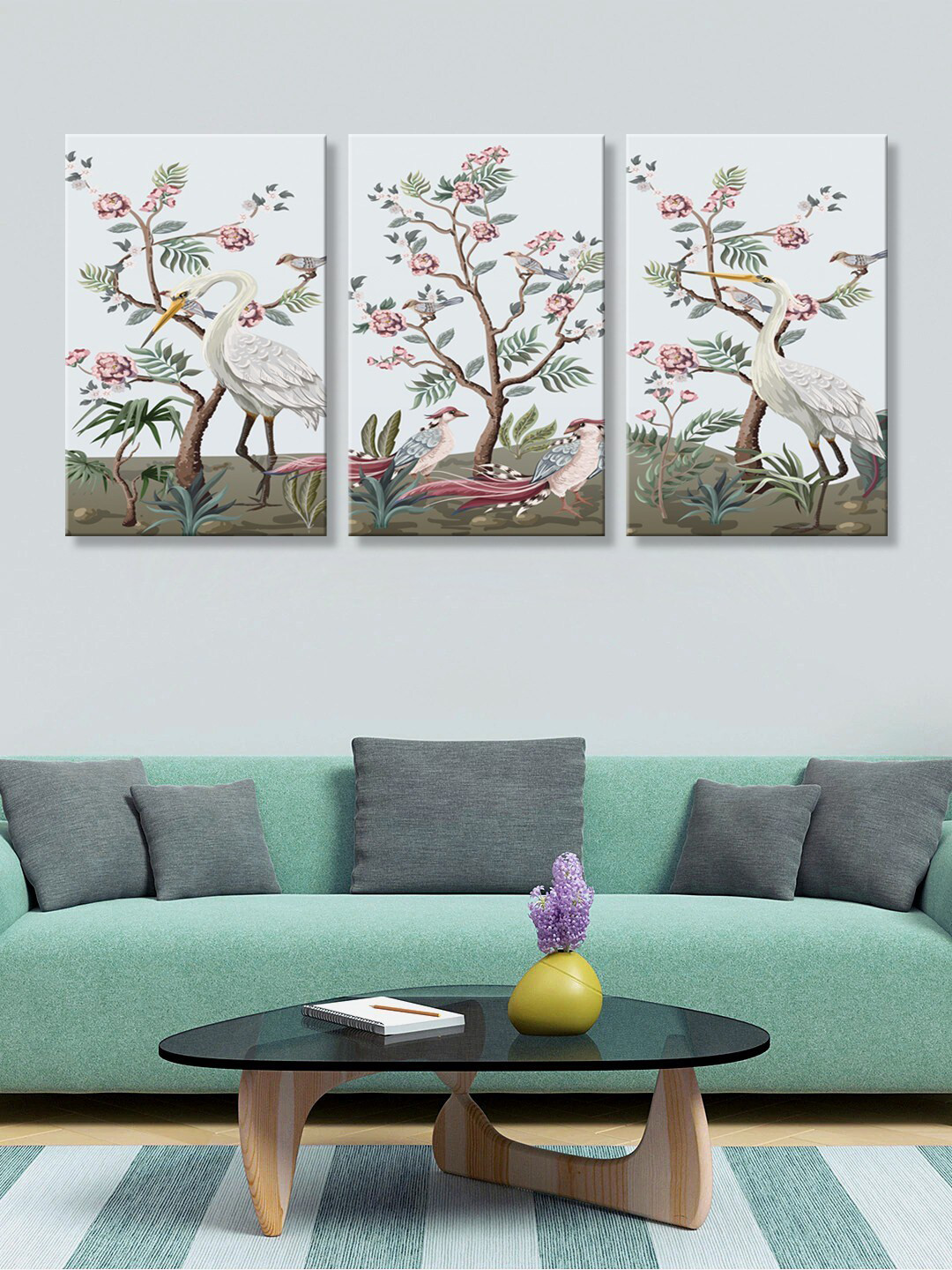 999Store Set of 3 Multicoloured Flamingo with Tree Canvas Painting Wall Art