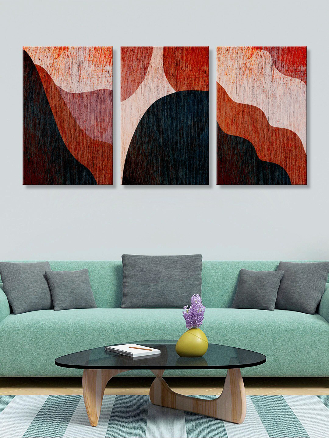 999Store Set Of 3 Brown & Black Vertical Abstract Printed Canvas Wall Art