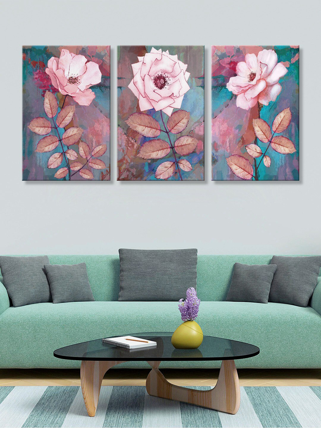 999Store Set Of 3 Blue & Pink Printed Roses Art Panel Canvas Wall Painting
