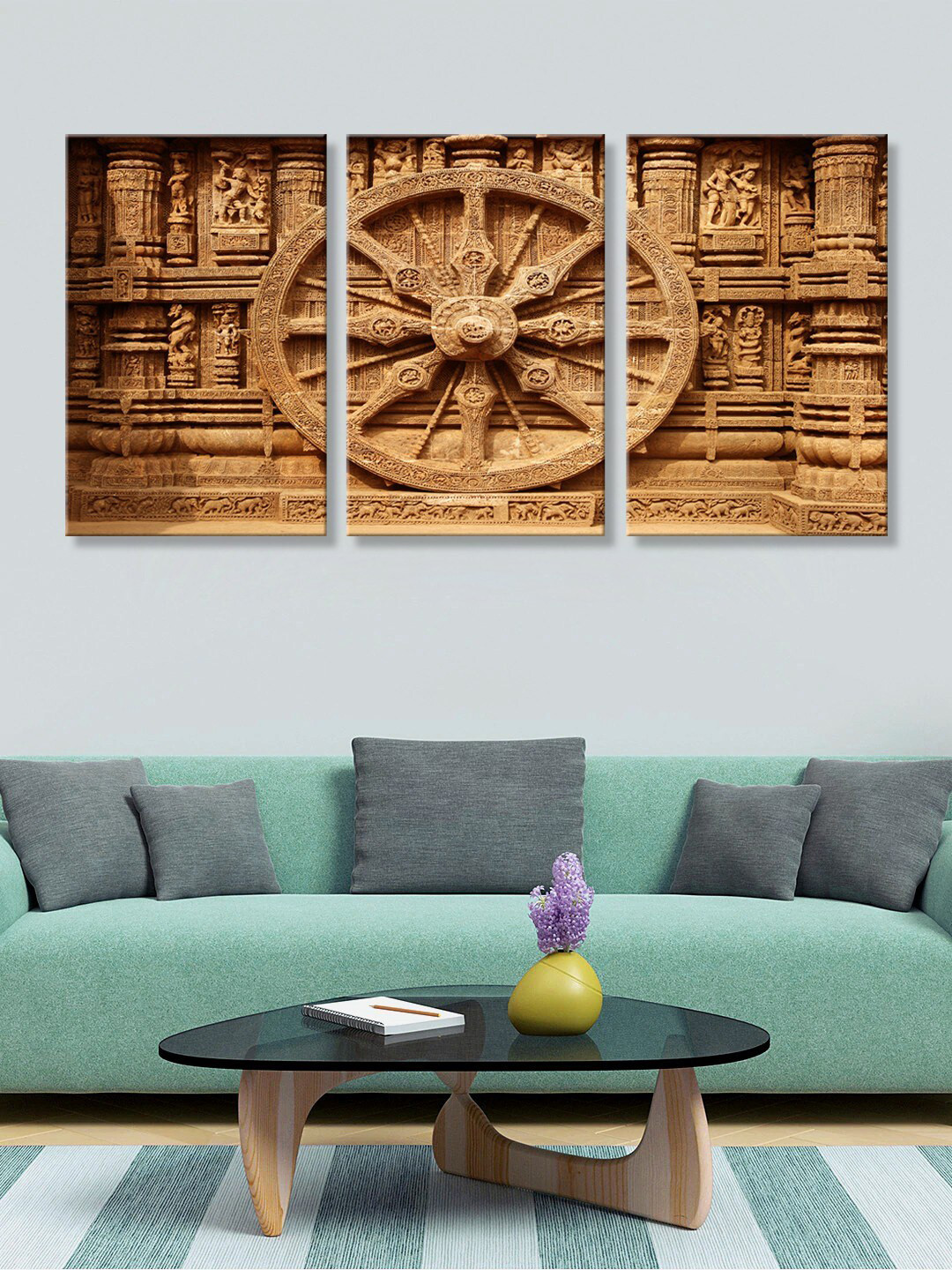 999Store Set Of 3 Brown Mural Ashoka Chakra Printed Canvas Paintings