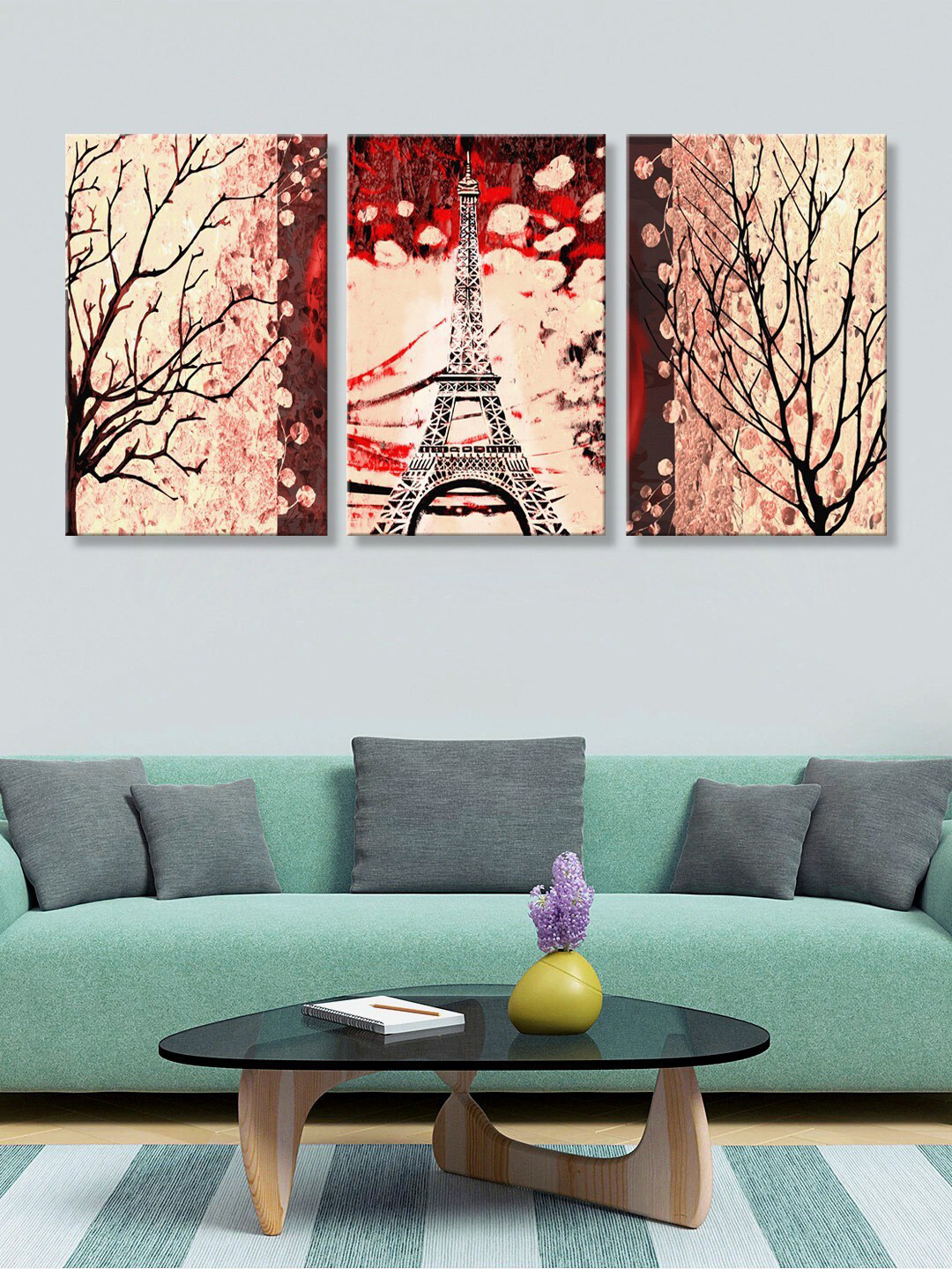 999Store Set of 3 Brown & Red Eiffel Tower With Tree Textured Canvas Painting Wall Art