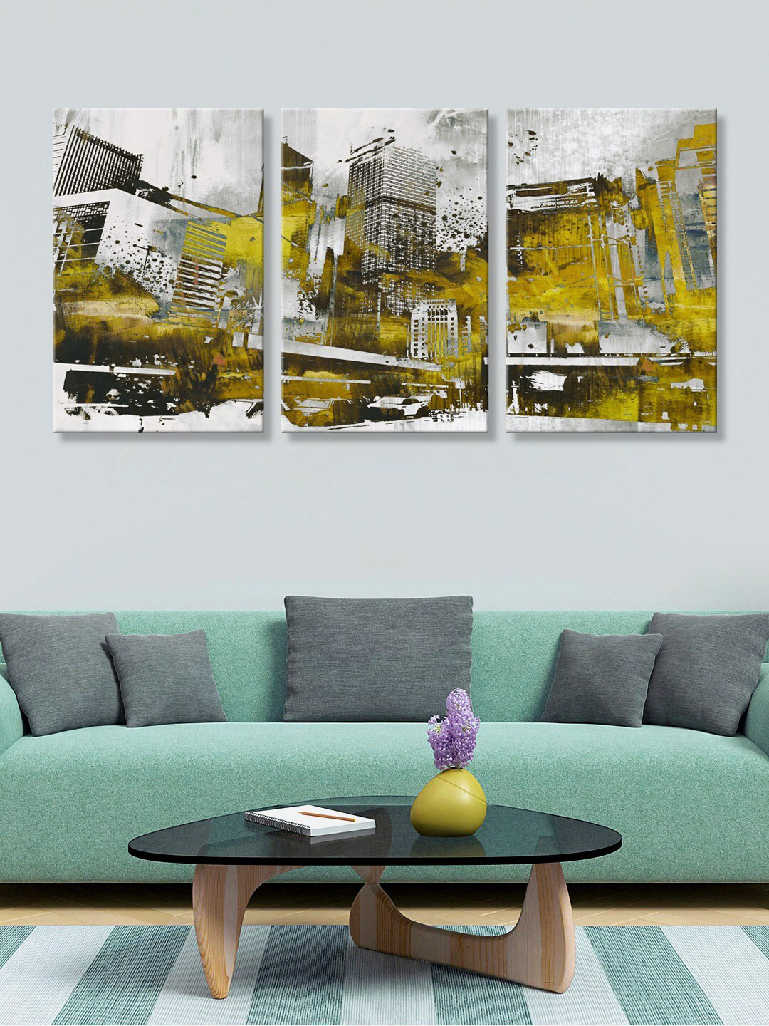999Store Set of 3 Grey & Yellow Portrait Building HD Canvas Wall Paintings