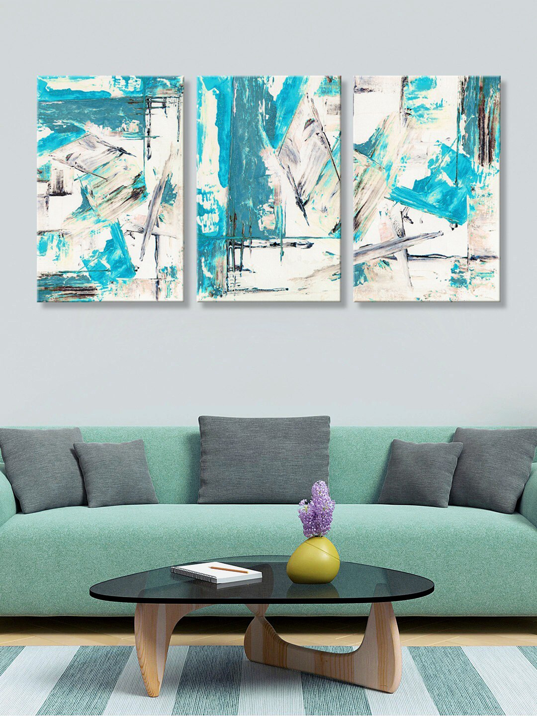 999Store Blue Canvas 3 Pcs Wall Home Office Rectangle Paintings Wall Art -0.30 x 1.37In