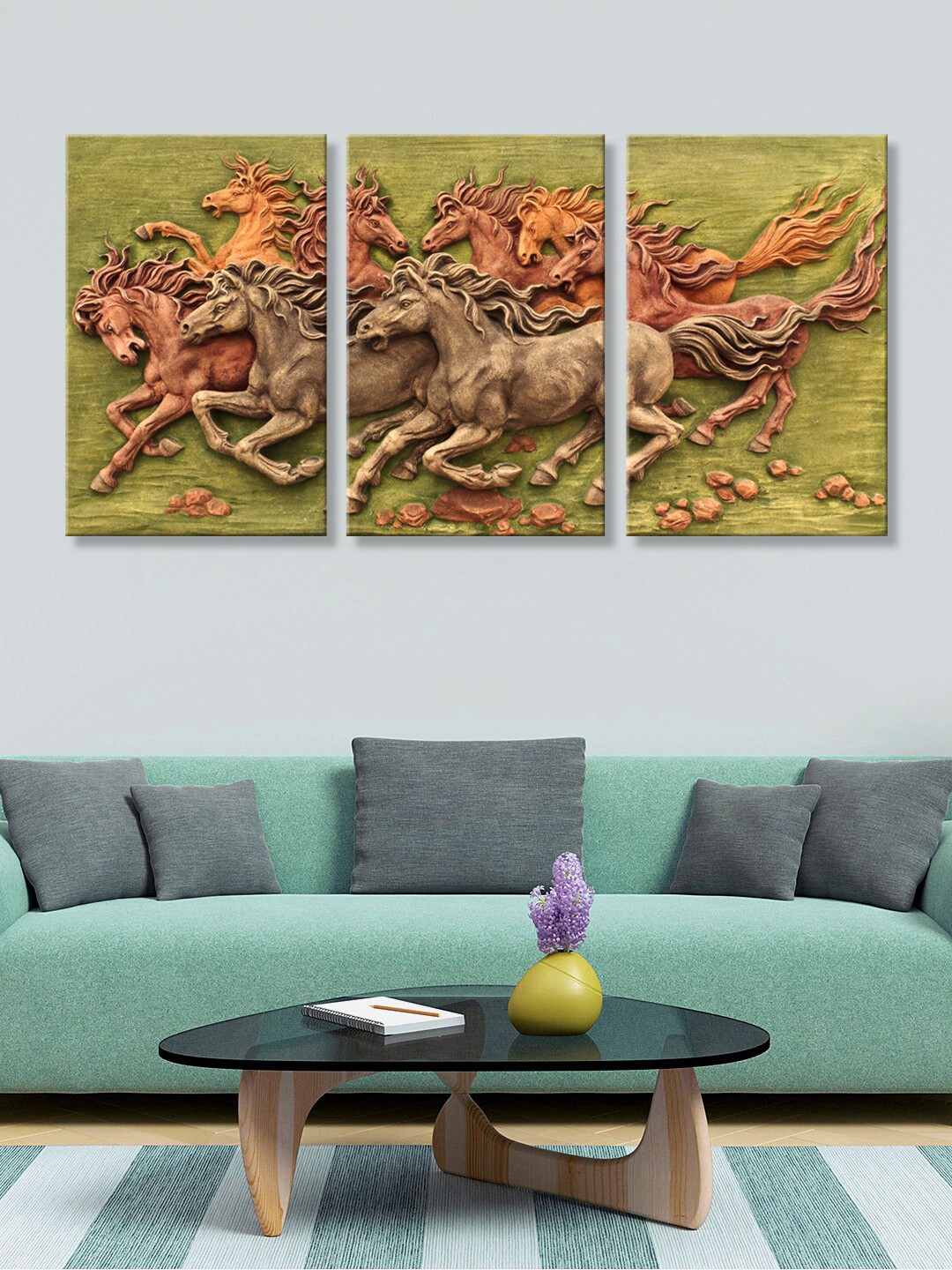 999Store Set of 3 Green & Brown Running Horse Canvas Painting Wall Art