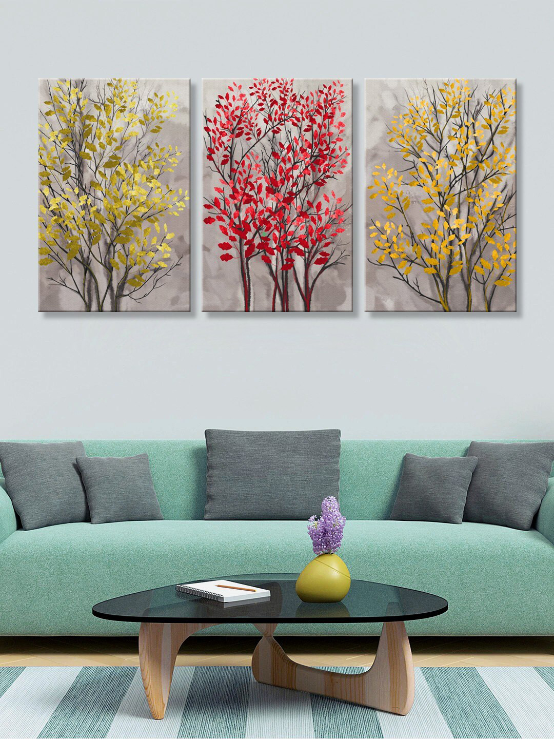 999Store Set of 3 Red & Yellow Textured Trees Canvas Painting Wall Art