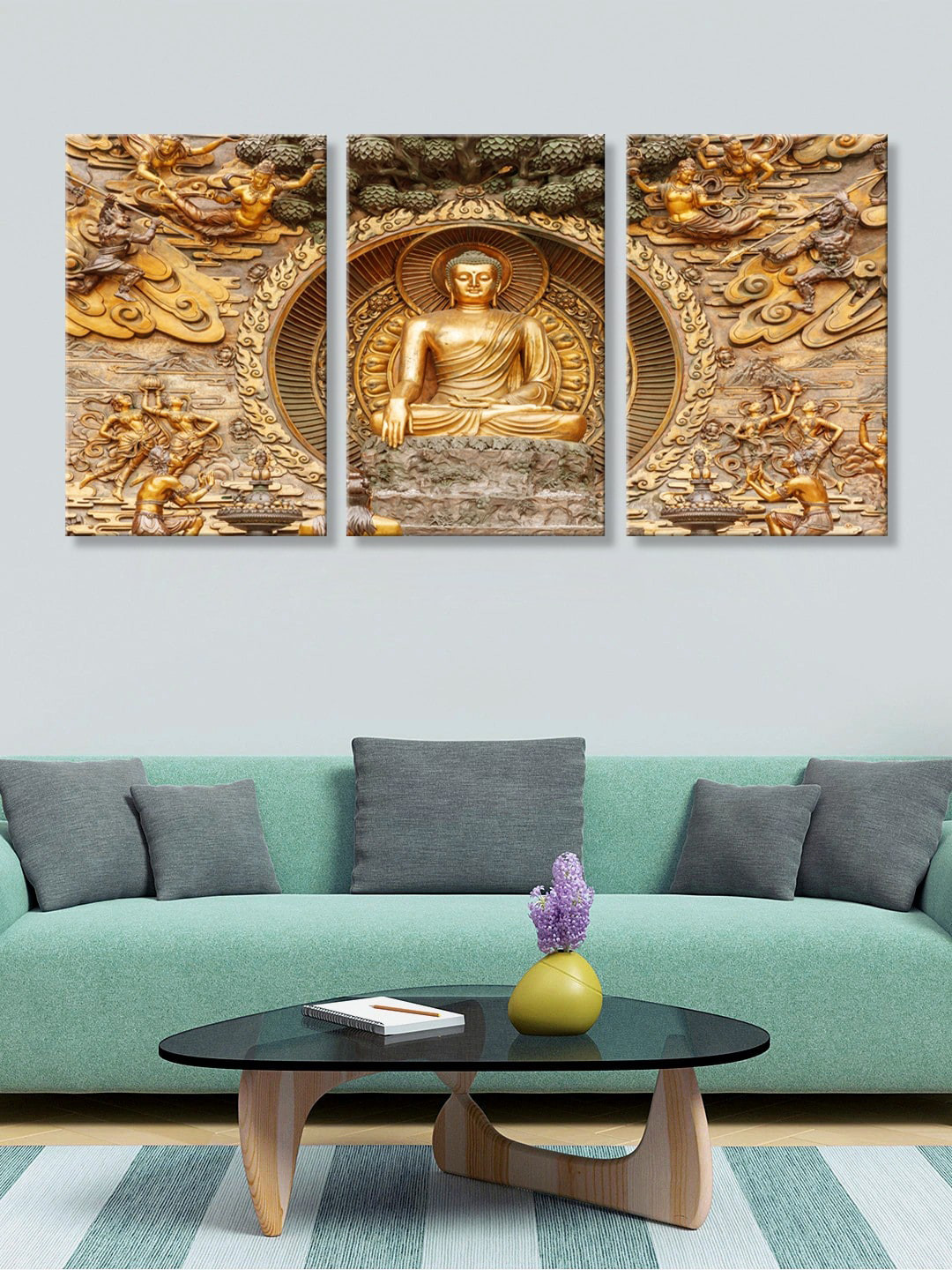 999Store Set of 3 Brown & Gold-Coloured Mural Lord Buddha Canvas Painting Wall Art