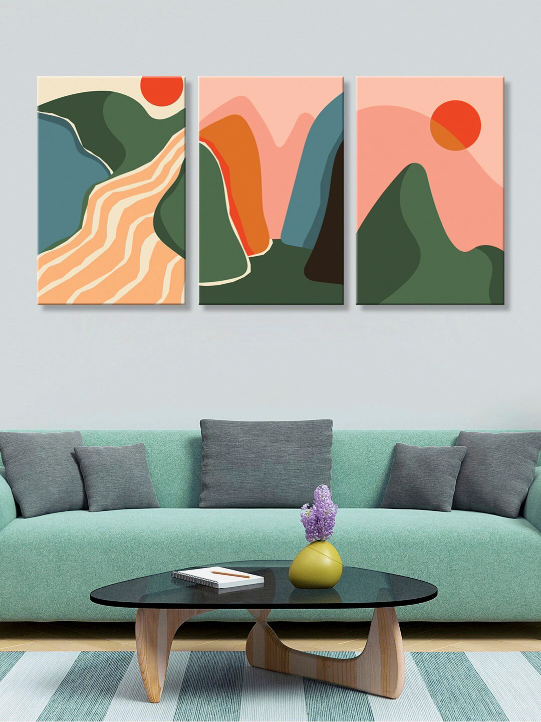 999Store Set of 3 Pink & Green Sunlight with Mountain HD Canvas Wall Paintings