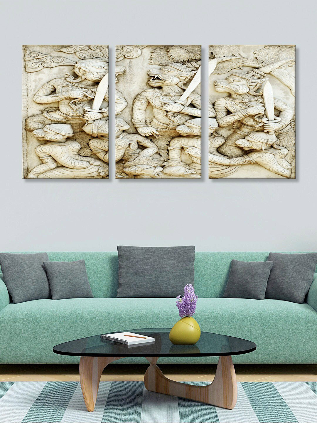 999Store Set of 3 White & Beige Murals HD Canvas Wall Paintings