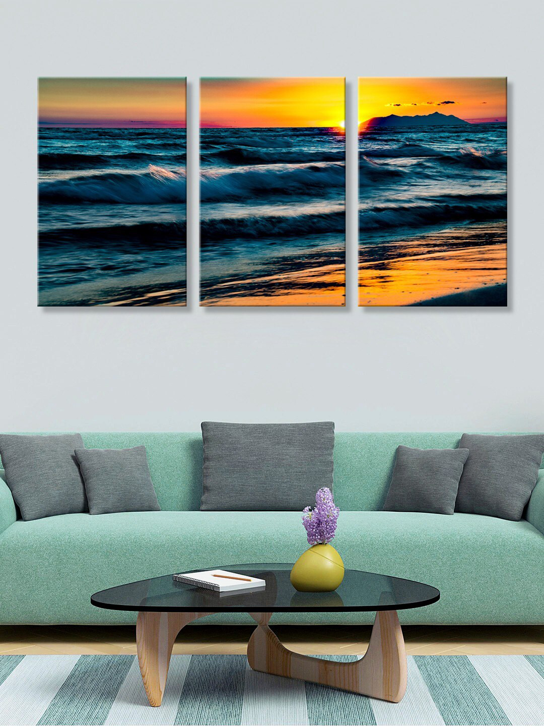 999Store Set Of 3 Blue and Orange Beach Sunset HD Canvas Painting Wall Art