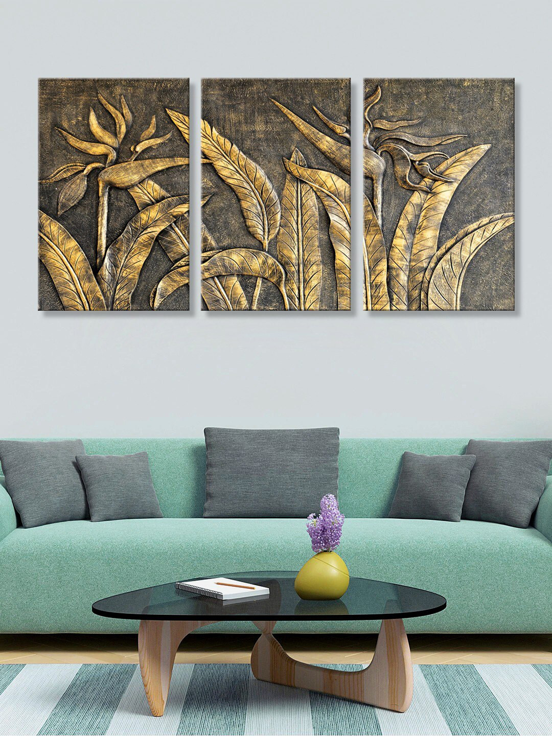 999Store Set Of 3 Black & Beige Gray Teers Canvas Wall Painting