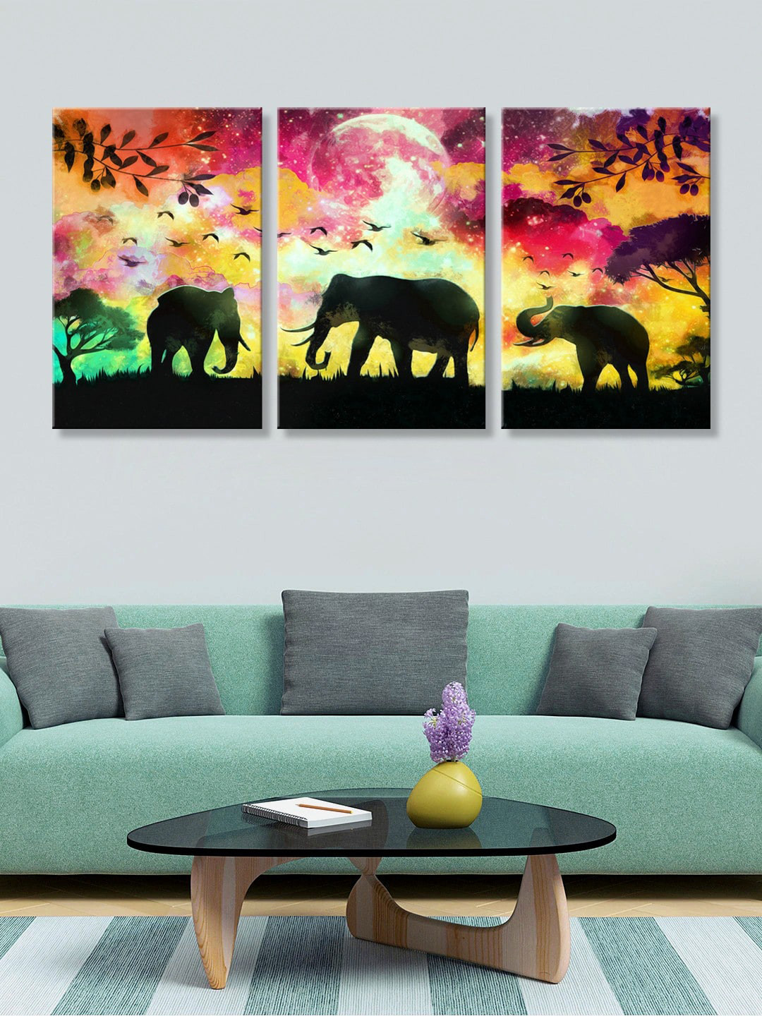999Store Set of 3 Black & Yellow Elephant Printed Canvas Wall Art