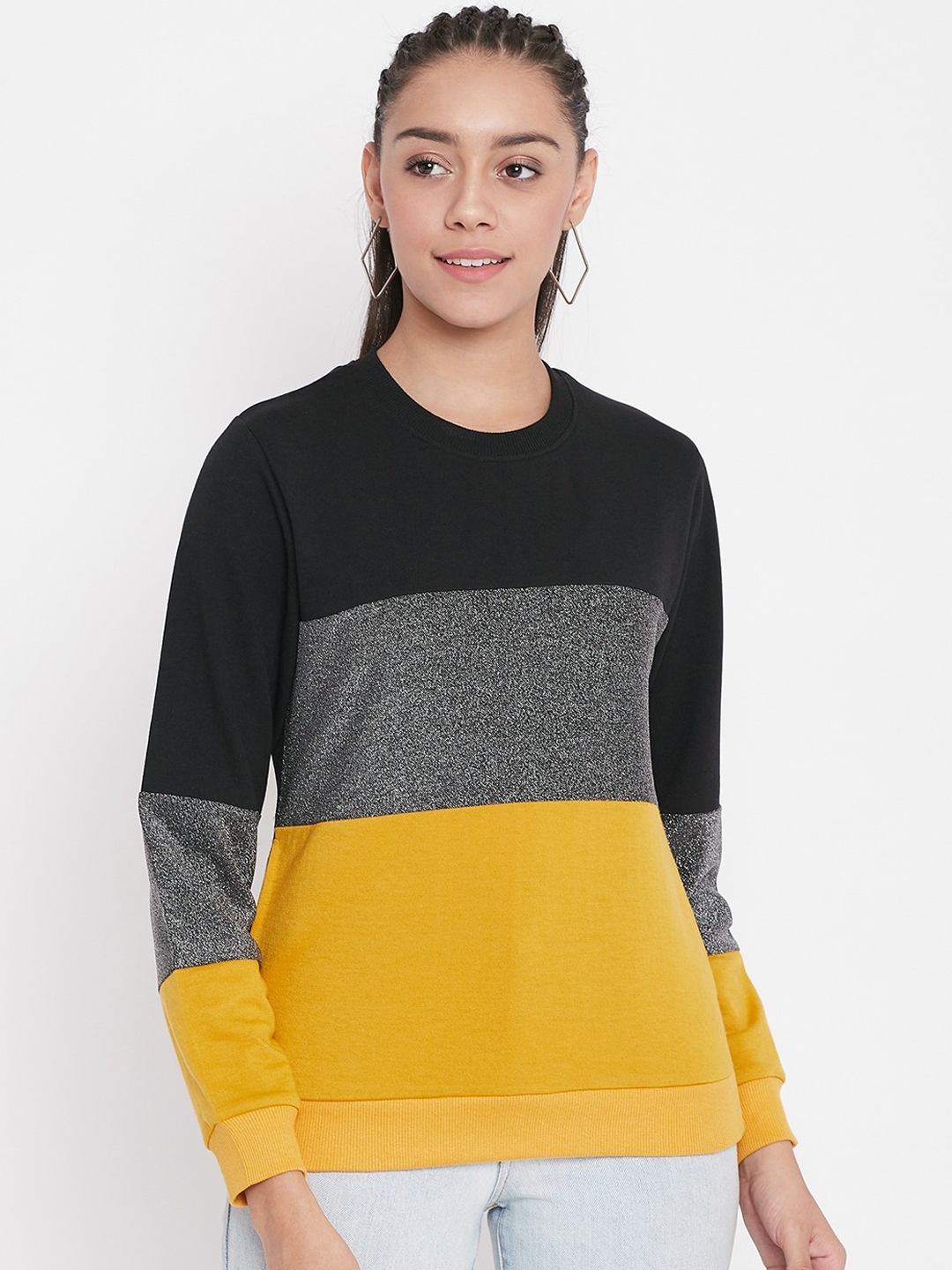 Austin wood Women Mustard Yellow & Black Colourblocked Sweatshirt