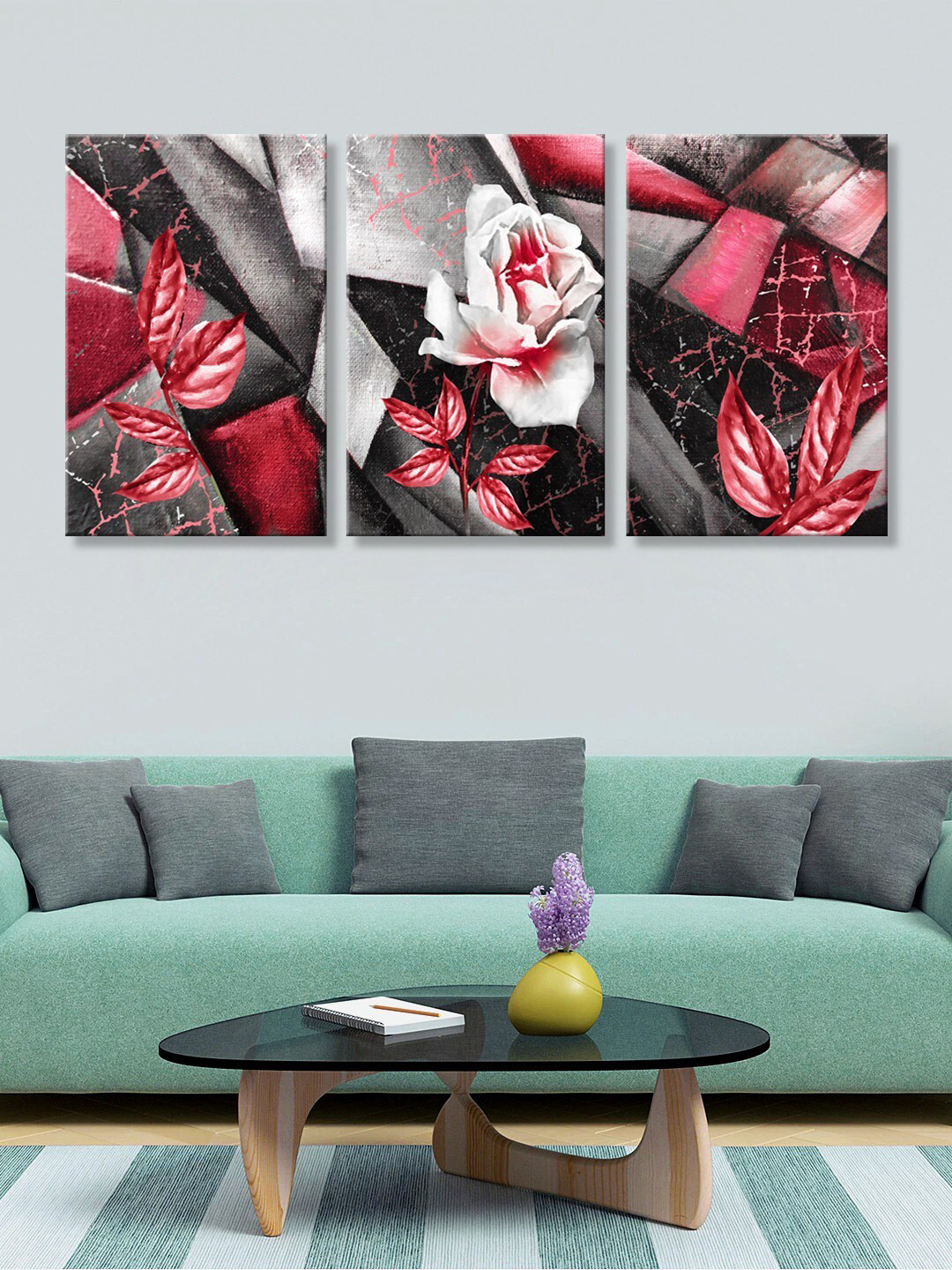 999Store Set Of 3 Grey & Maroon Abstract Roses Art Panel Wall Painting