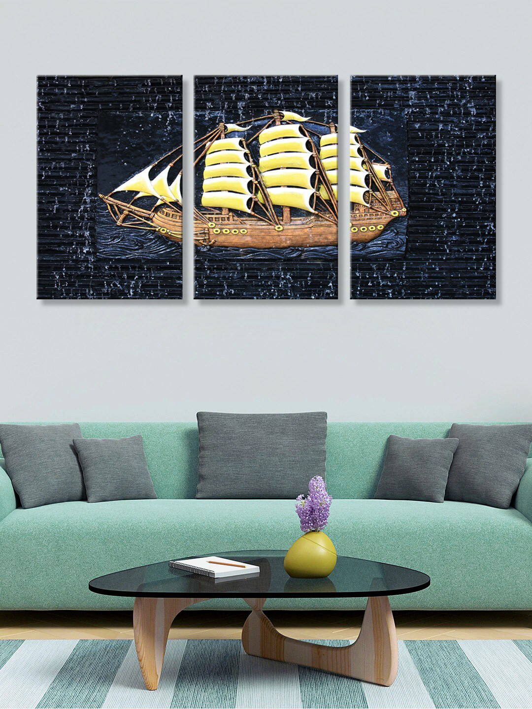 999Store Set of 3 Black & Yellow Boat Painting Wall Art