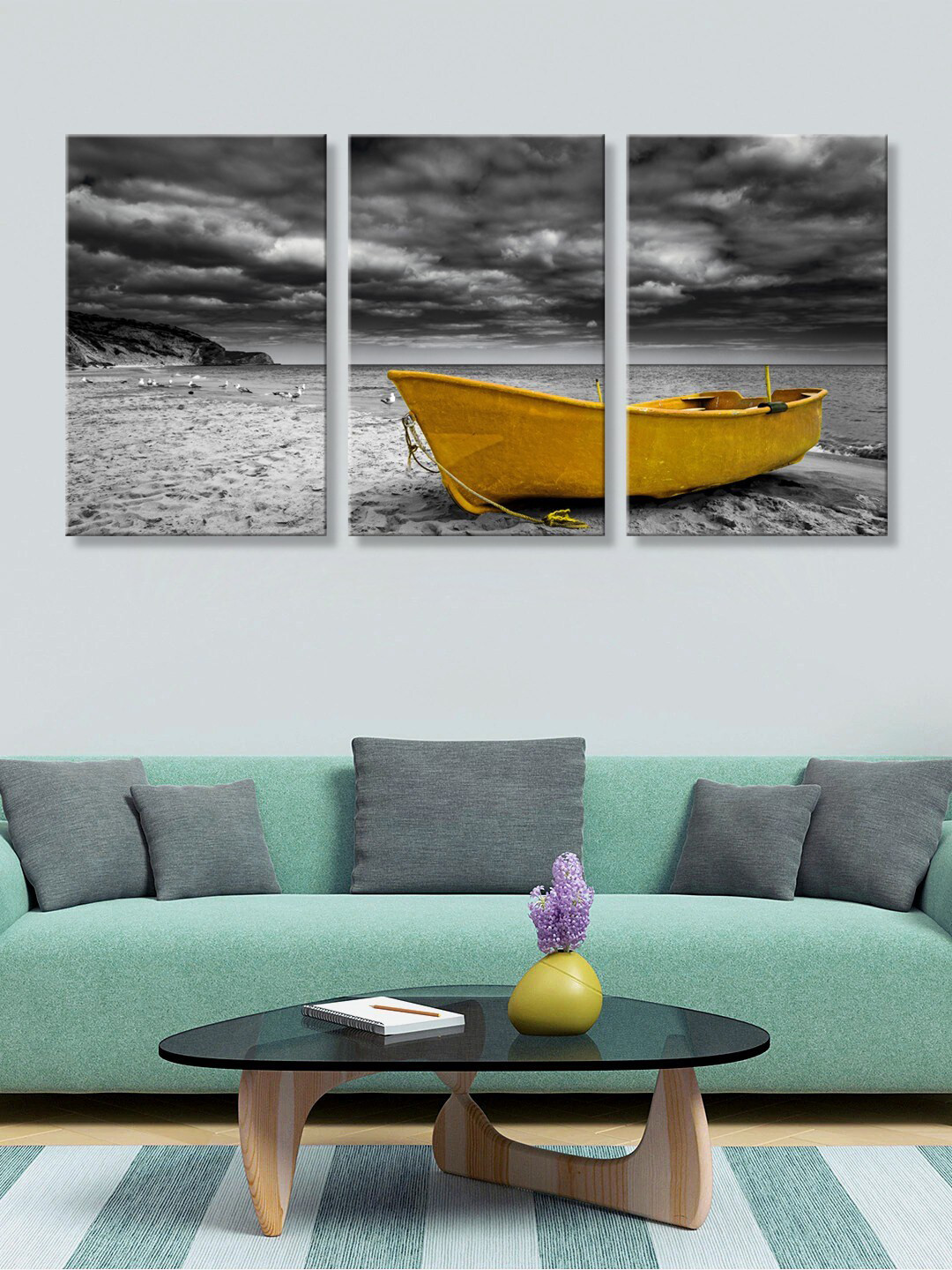 999Store Grey Set Of 3 Grey & Yellow Boat & Beautiful Beach Canvas Printed Wall Art