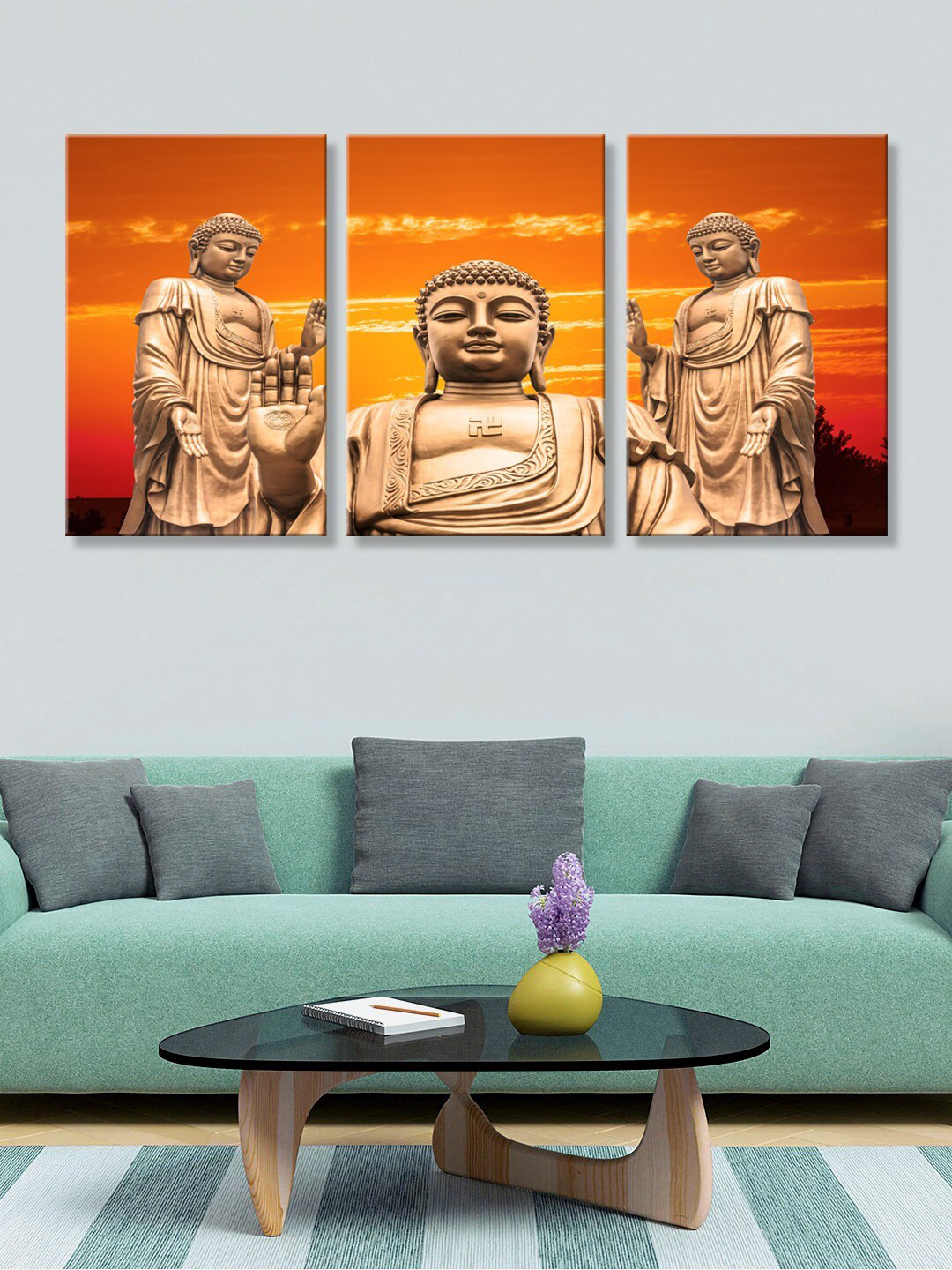 999Store Set of 3 Brown & Gold-Toned Buddha Back Ground Canvas Wall Art Paintings