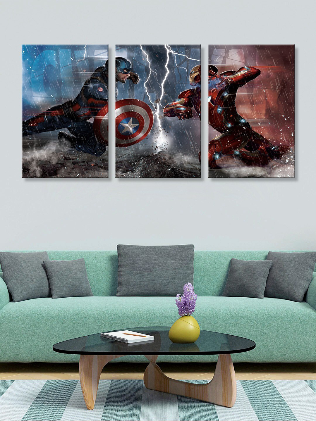 999Store Set of 3 Blue & Red Avengers Fight Canvas Painting Wall Art