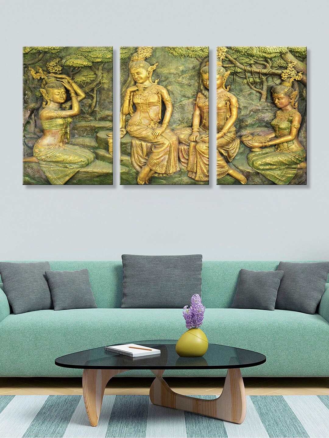 999Store Set of 3 Green & Yellow Mural Lady Canvas Painting Wall Art