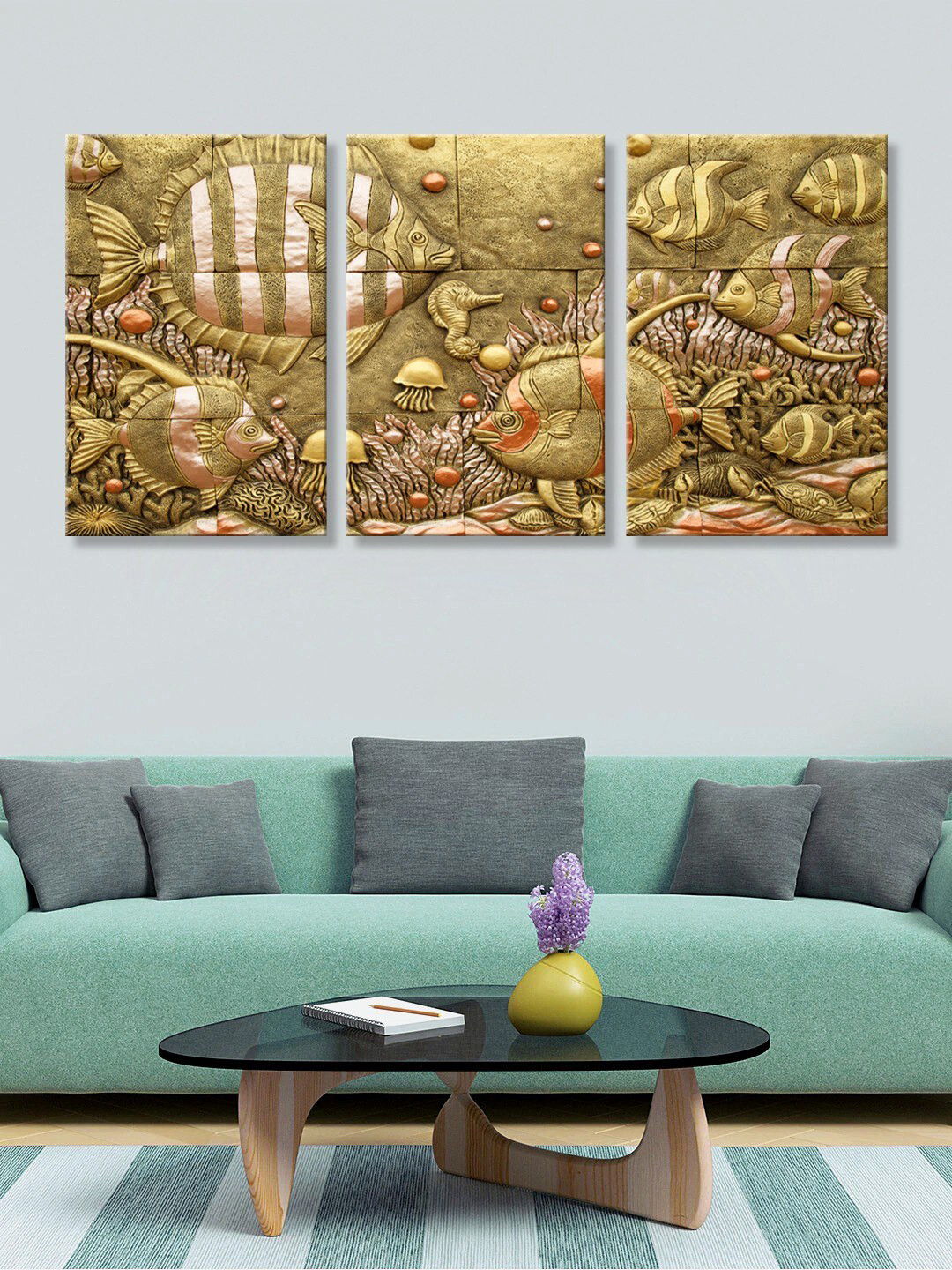 999Store Set Of 3 Brown & Beige Fish Canvas Wall Painting