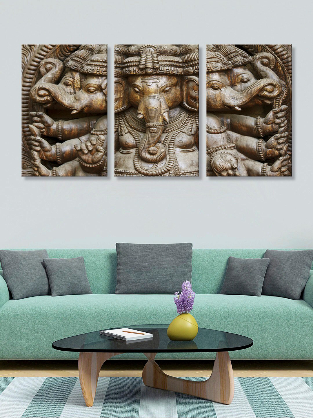 999Store Brown Set of 3 Lord Ganesha Canvas Printed Wall Art