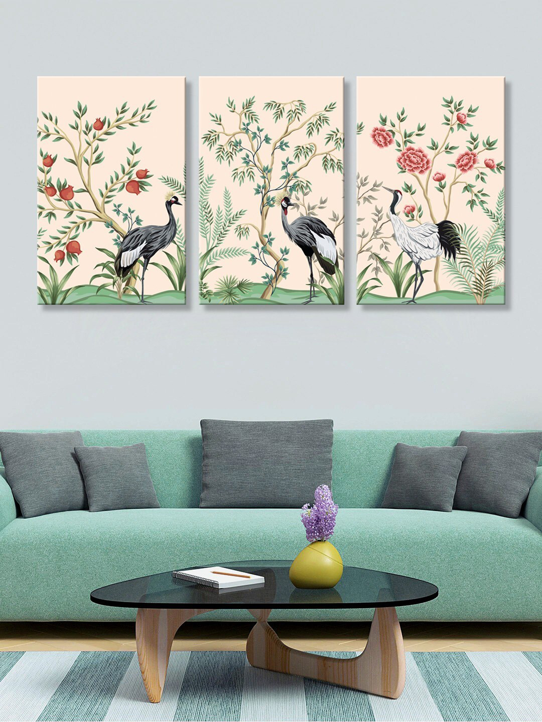 999Store Set of 3 Cream-Coloured & Green Flamingo Birds with Flower Tree HD Canvas Wall Paintings