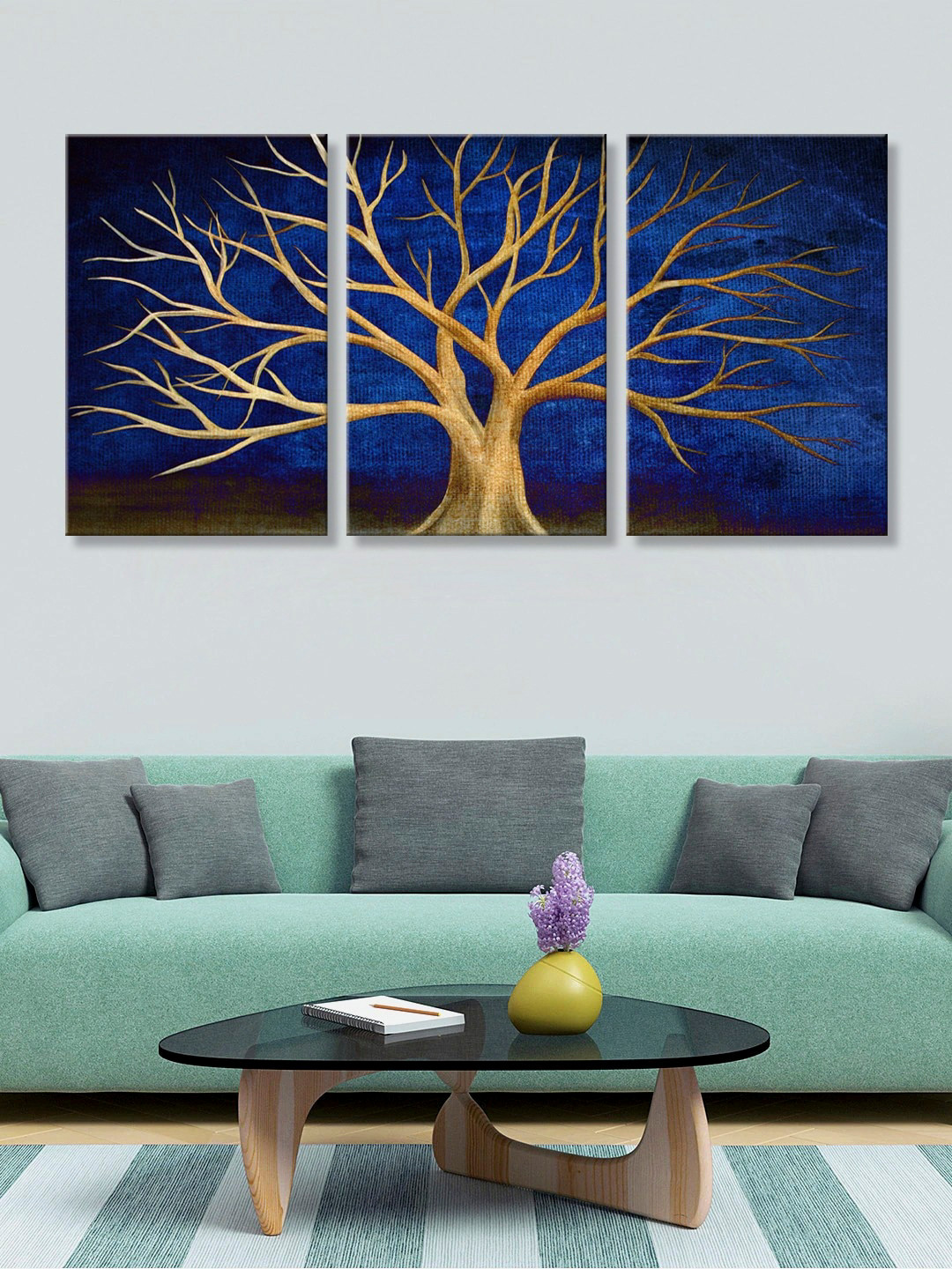 999Store Set of 3 Blue & Gold-Coloured Tree Art Panels Painting Wall Art