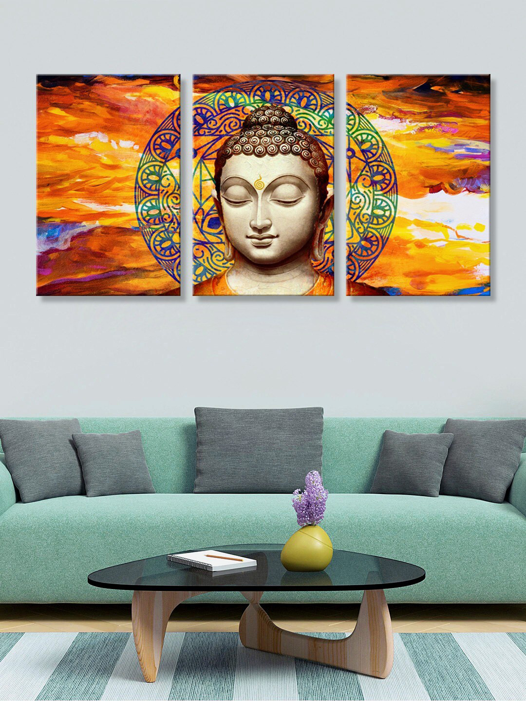 999Store Buddha Face Wood 3 Piece Wall Rectangle Paintings Wall Art - 30 x 18 In