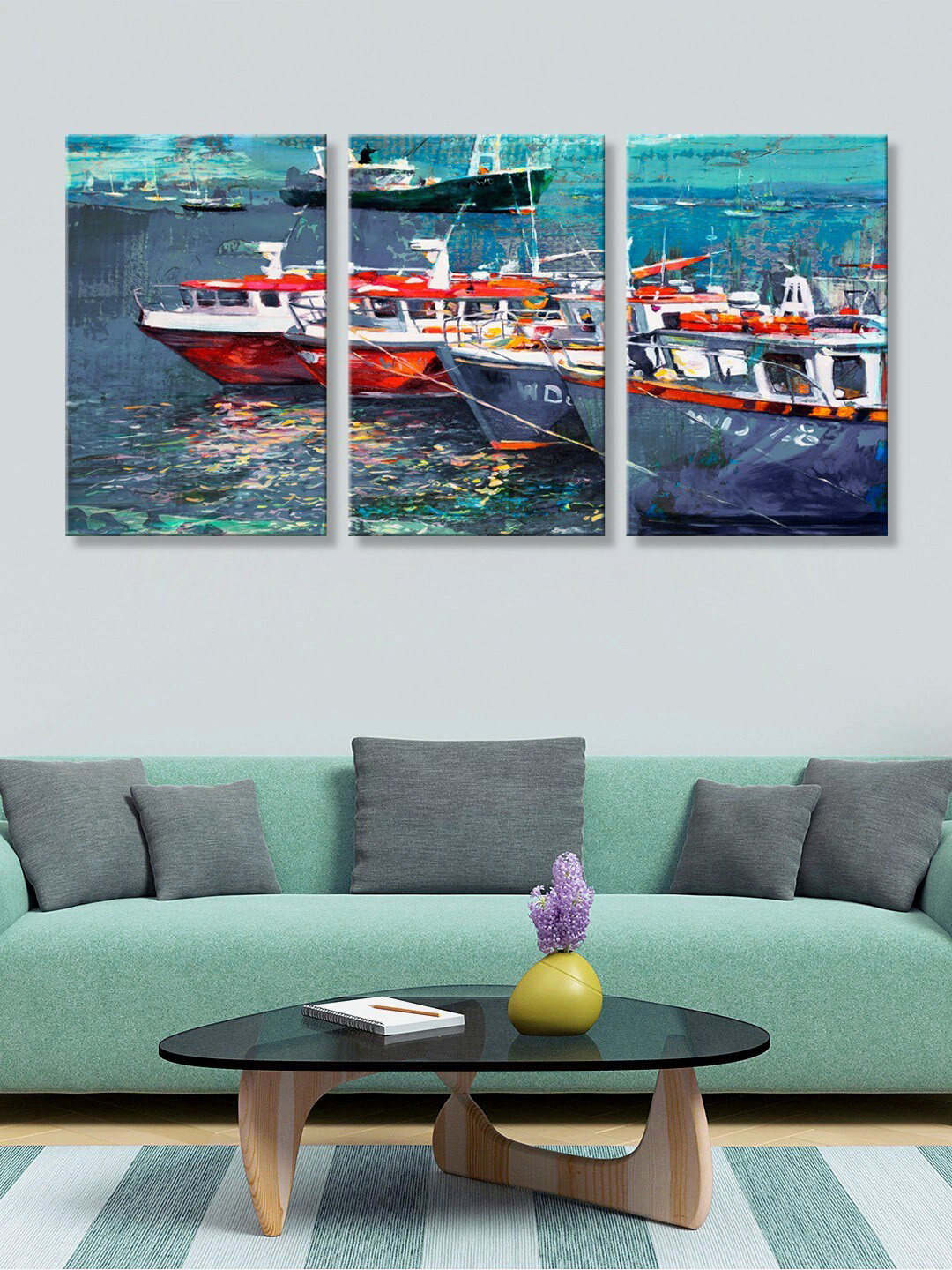 999Store Set Of 3 Blue & Red Marine Ships Wooden Canvas Wall Arts