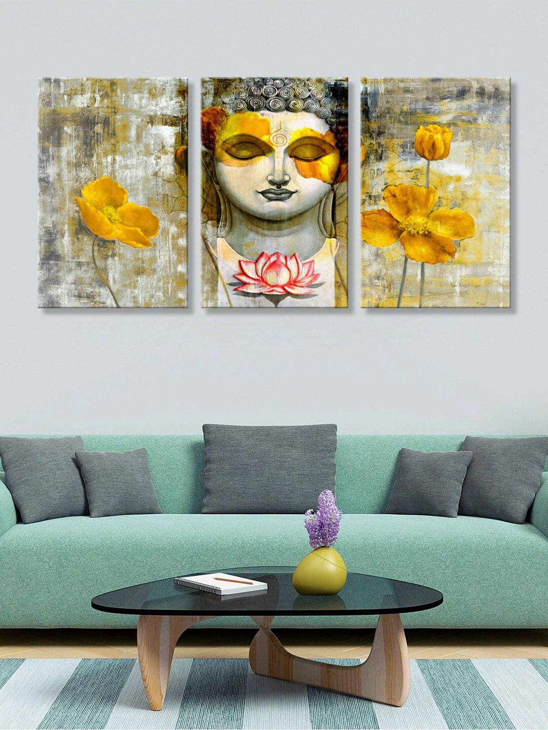 999Store Set Of 3 Grey & Yellow Buddha Face Canvas Wall Art